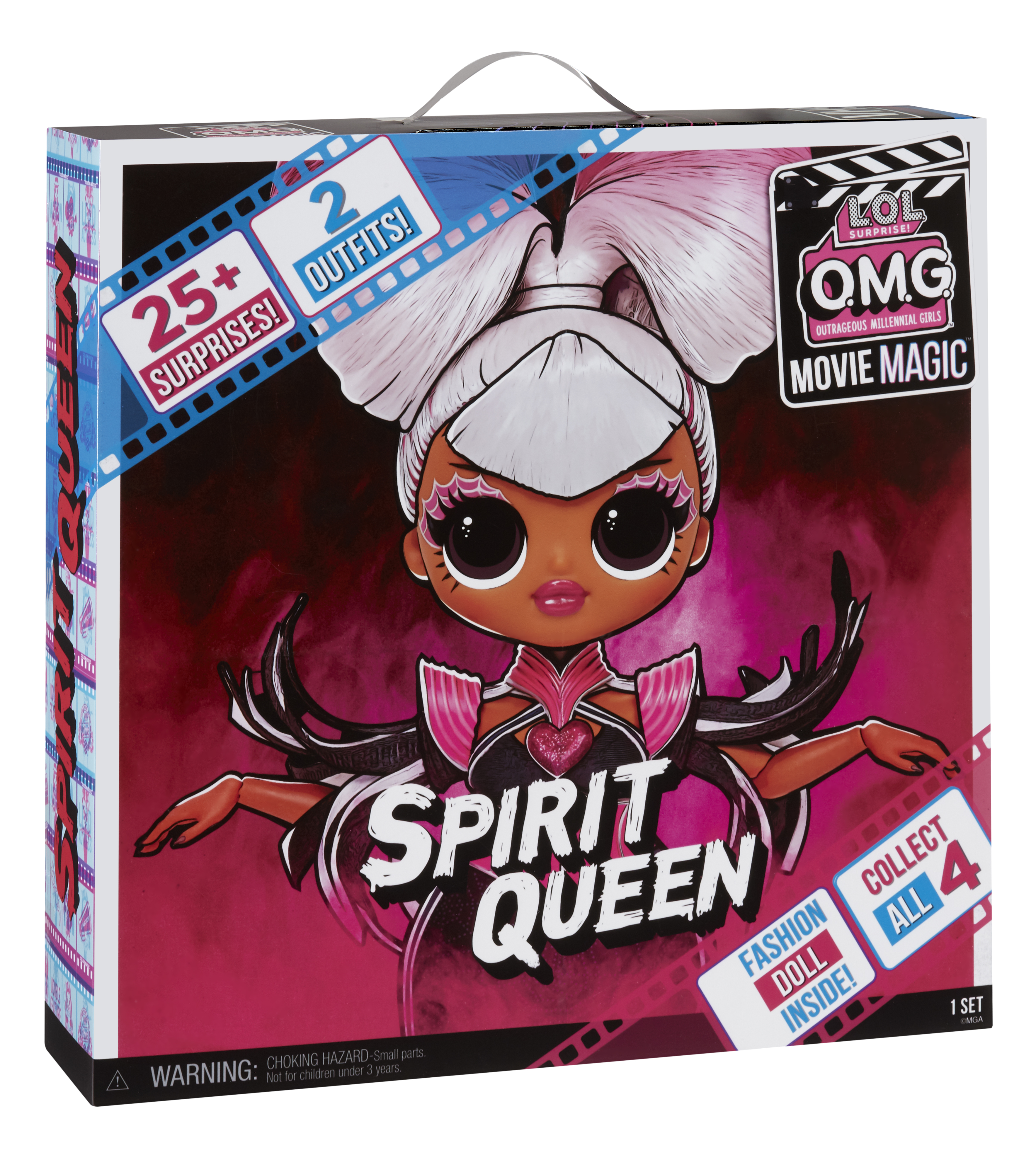 Ein verpacktes LOL Surprise OMG Puppen-Set. Die Box enthält eine Spirit Queen Puppe und mehrere Outfits.