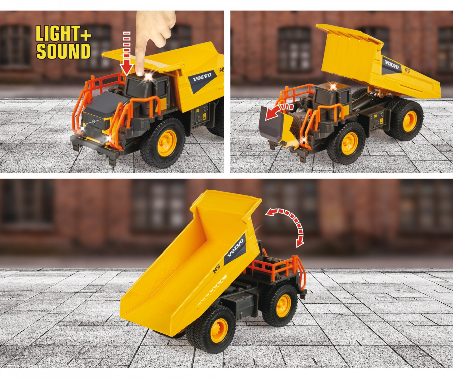 Żółta zabawka wywrotka ze światłami i dźwiękami, pokazana w trzech różnych pozycjach.