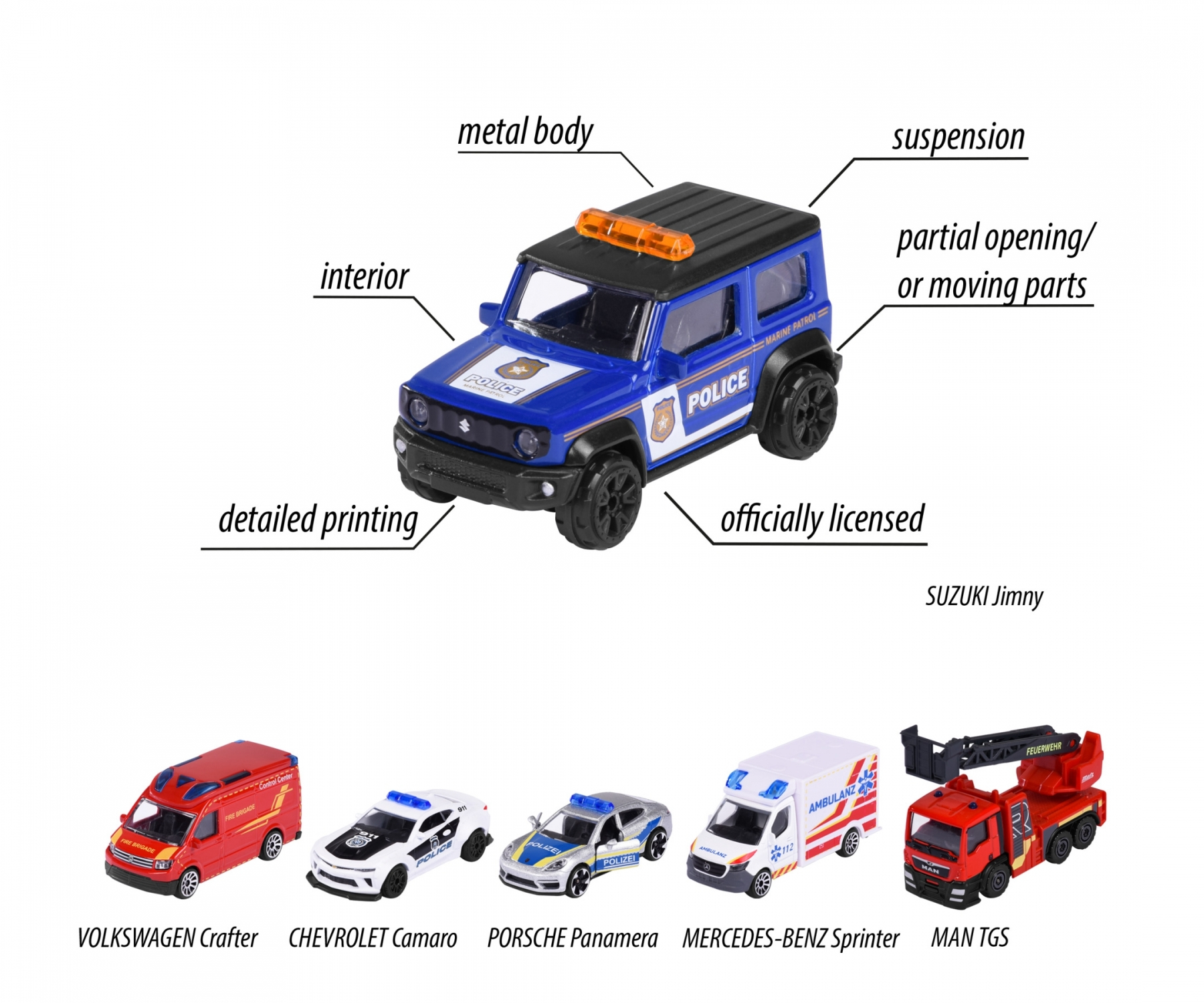 Eine Gruppe von Spielzeugautos, eines davon im Fokus. Sie sind mit Details beschriftet und haben Pfeile.