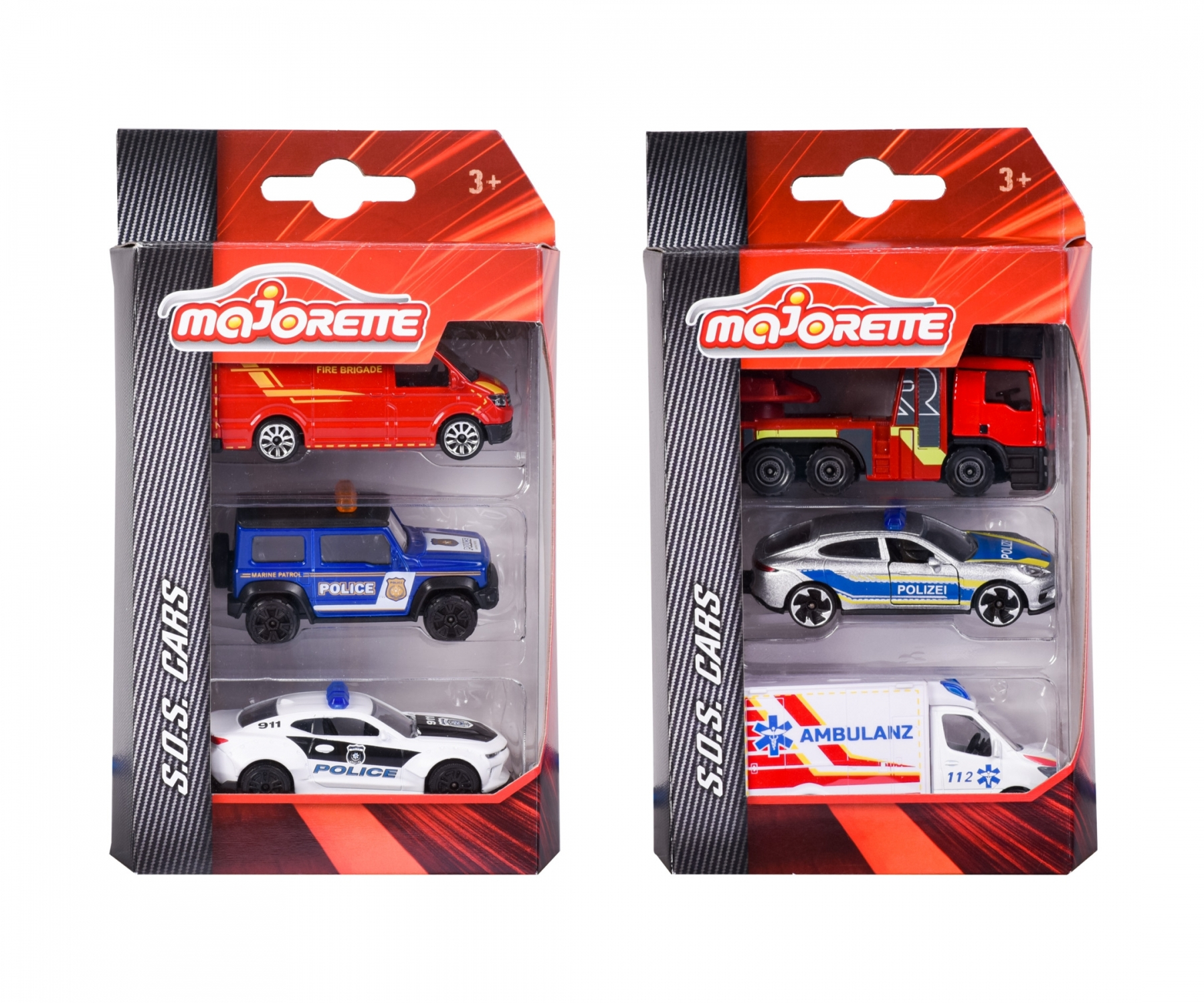 Spielzeugautosets in transparenter Verpackung. Einsatzfahrzeug-Themen.