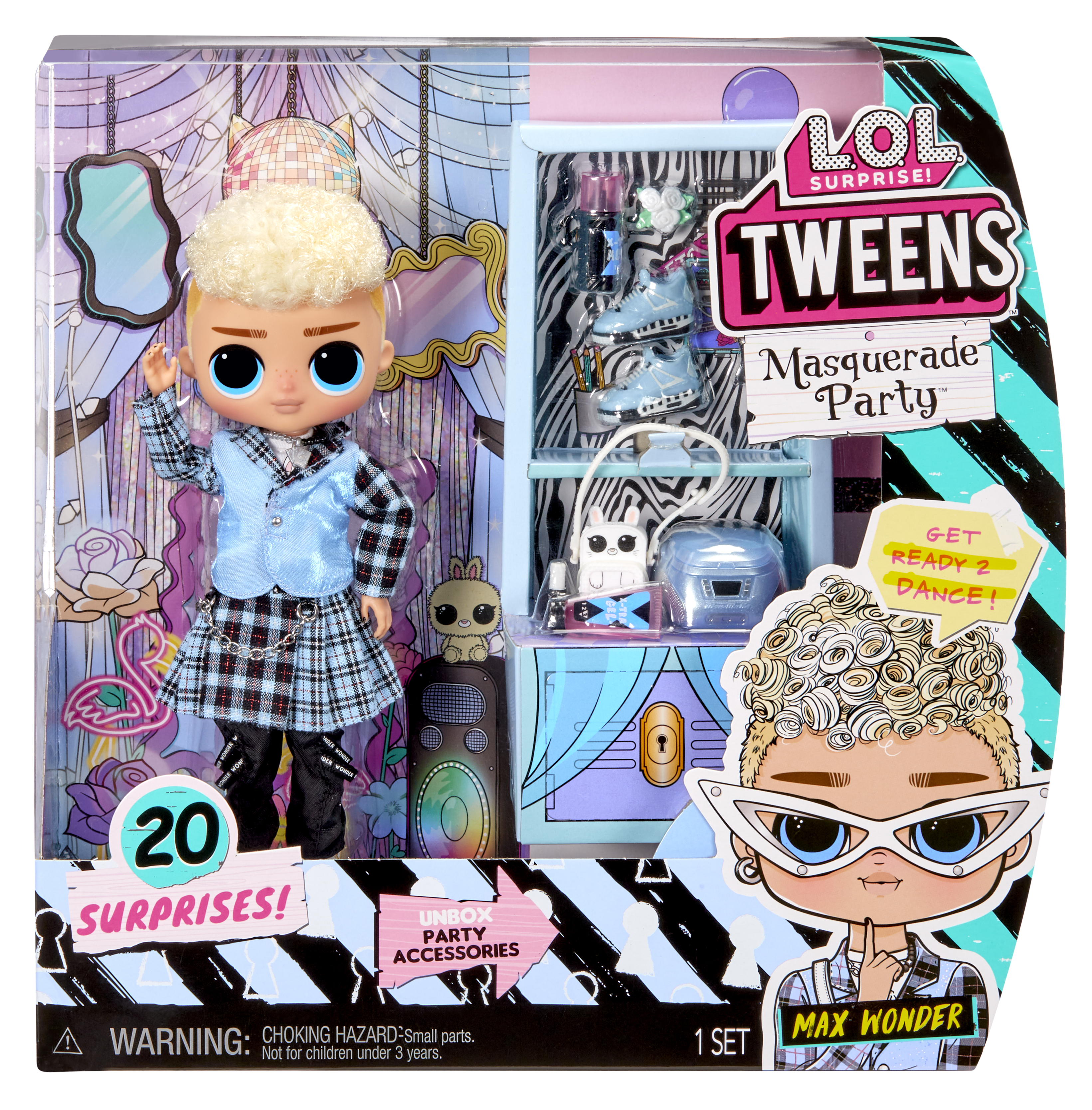 Lalka w niebieskiej kraciastej spódnicy i niebieskiej kurtce, obok pudełka z napisem 'Masquerade Party'.