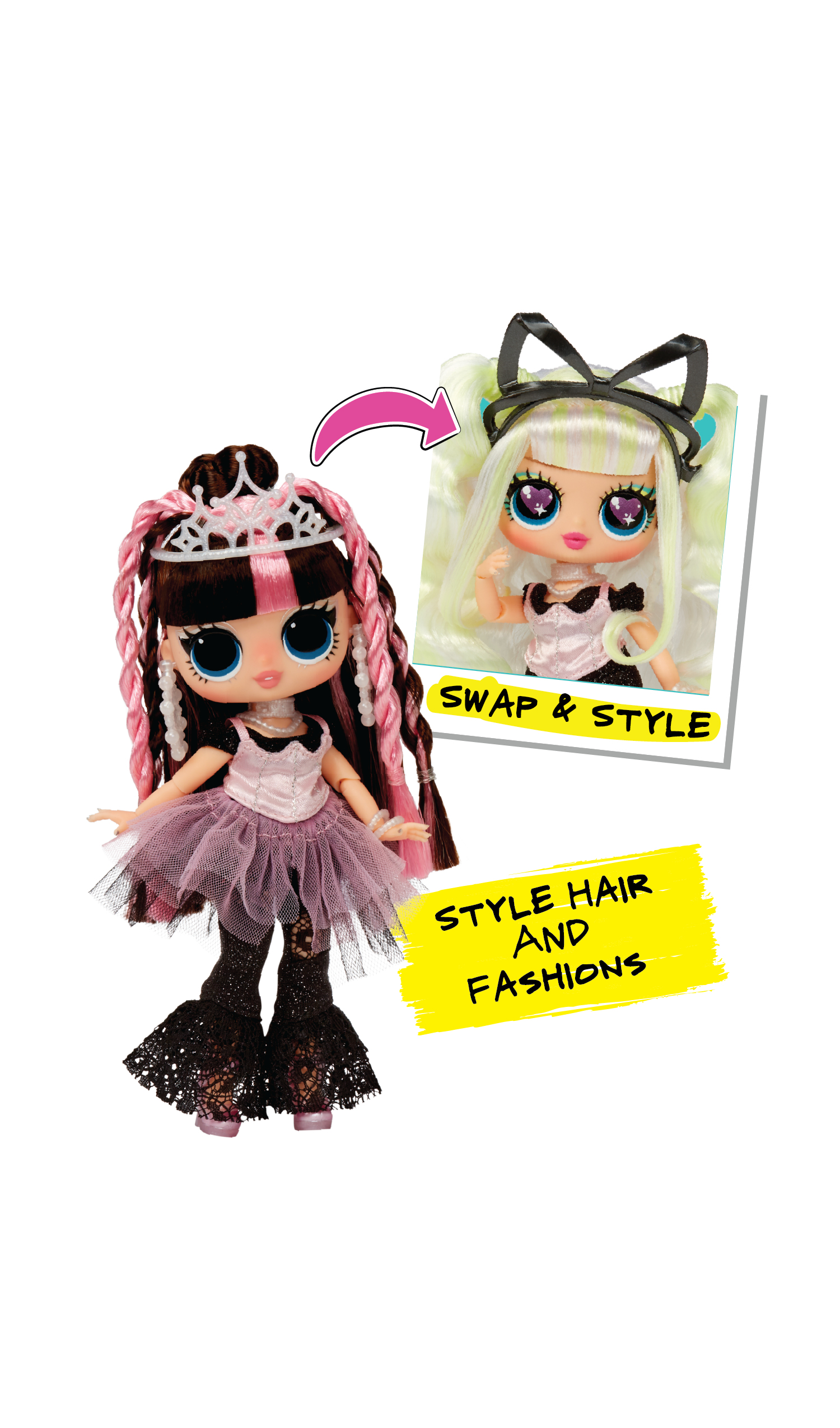 Eine LOL Surprise Puppe mit braunen Haaren und Kleid. Der Text lautet 'Style hair and fashions'.