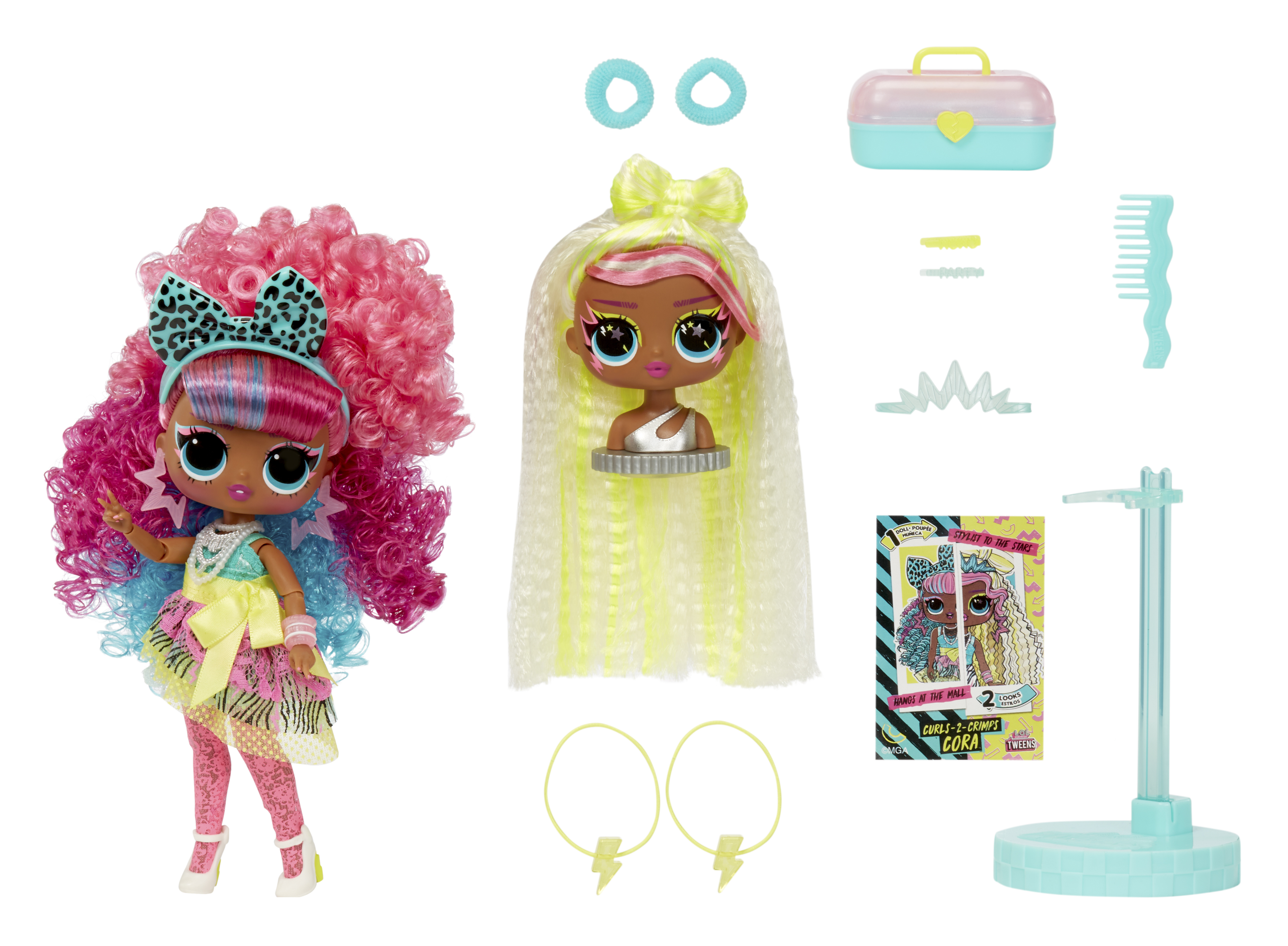 Una muñeca con cabello rosa, azul y amarillo, accesorios y un soporte, junto con otros accesorios.