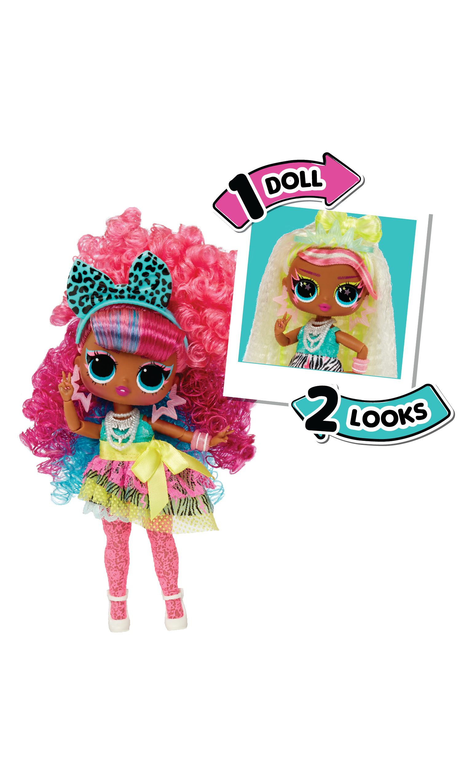Una muñeca con cabello rosa y atuendo colorido, con imagen de muñeca con cabello y atuendo amarillo.