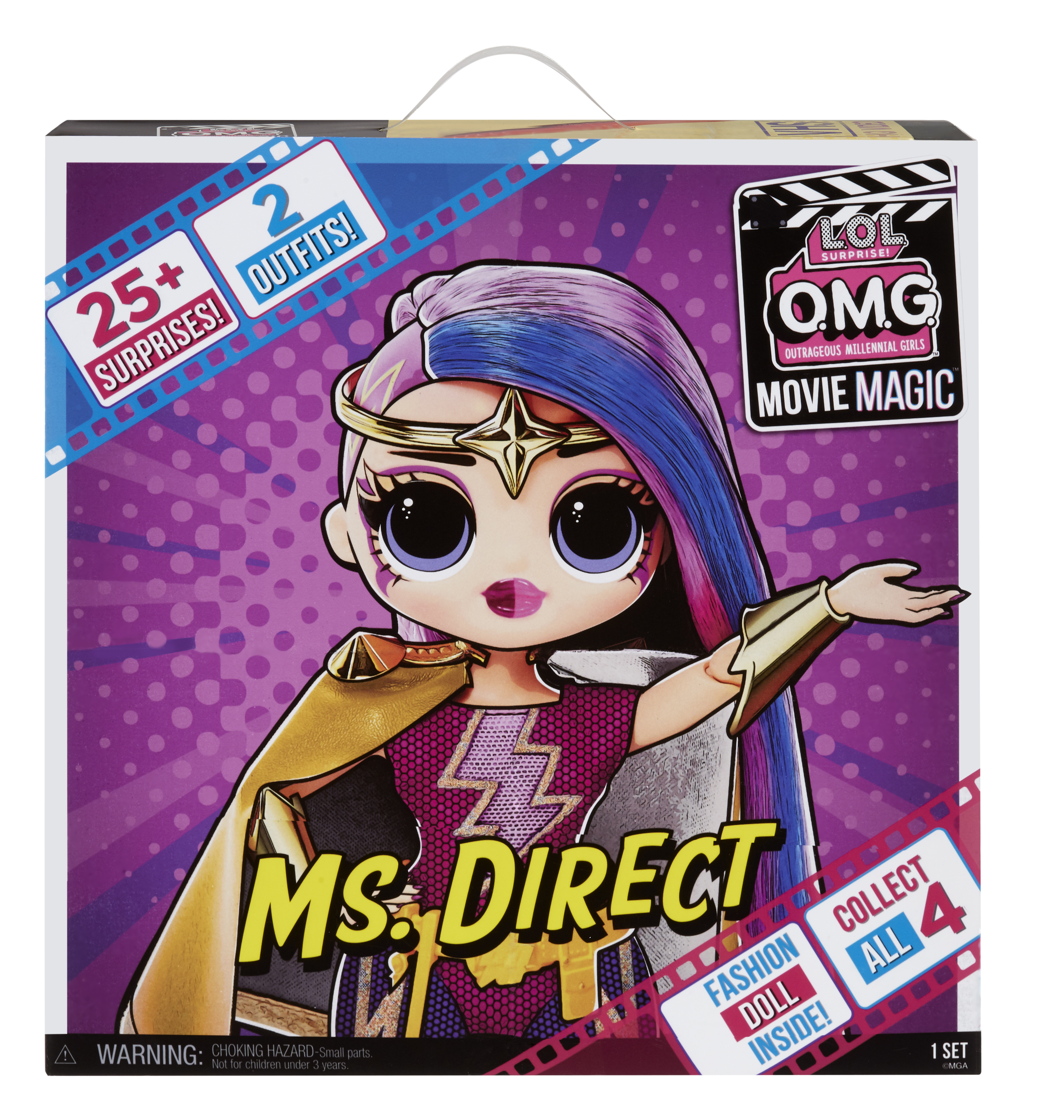 Pudełko z lalką w stroju superbohatera. Na pudełku napis ‘Ms. Direct’ i ‘Movie Magic’.