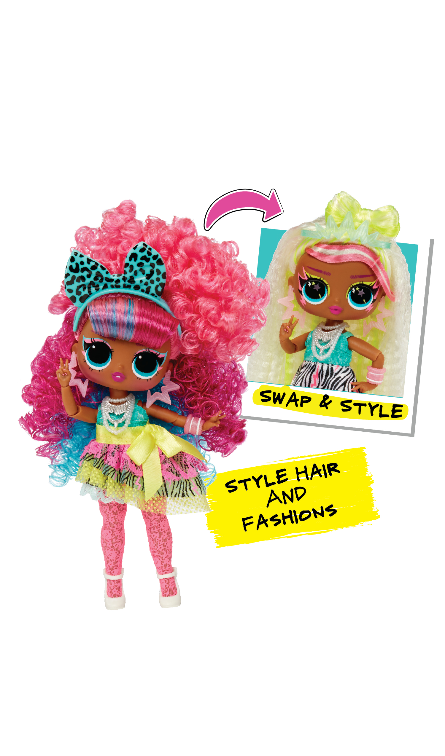 Una muñeca con cabello rosa y atuendo colorido, con imagen de muñeca y texto "SWAP & STYLE".