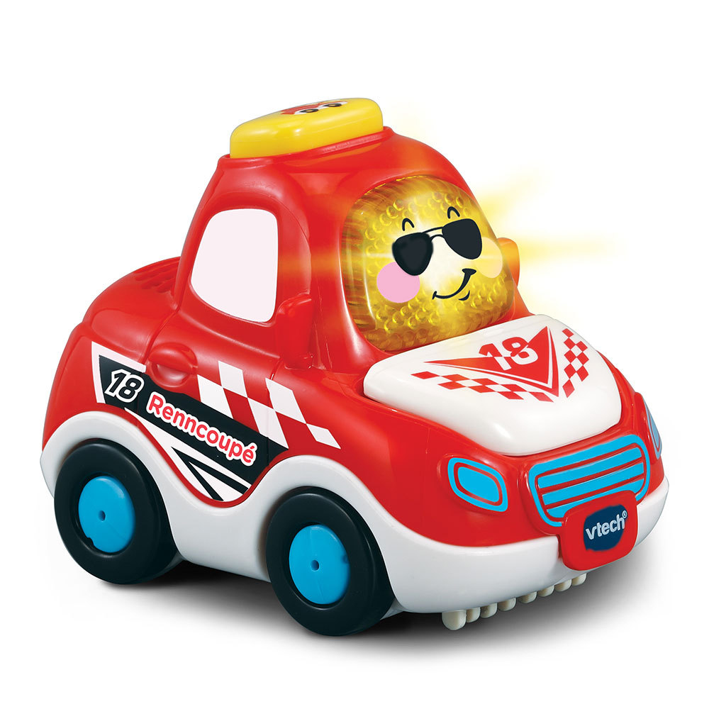 Rotes Spielzeug-Rennauto mit Sonnenbrille, weißen Akzenten und gelbem Licht oben.
