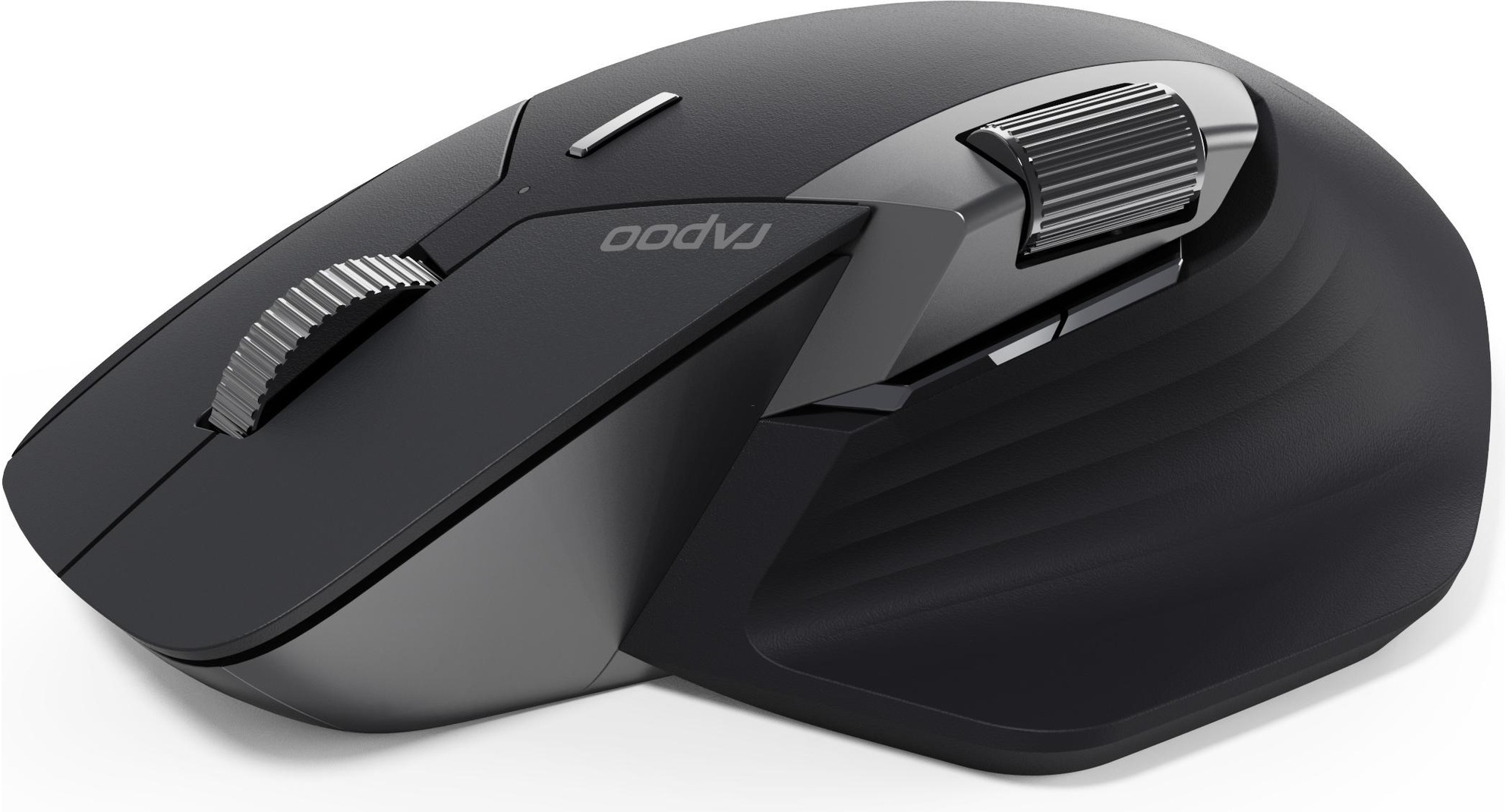 Souris d'ordinateur noire avec molettes et boutons argentés, sur fond blanc.