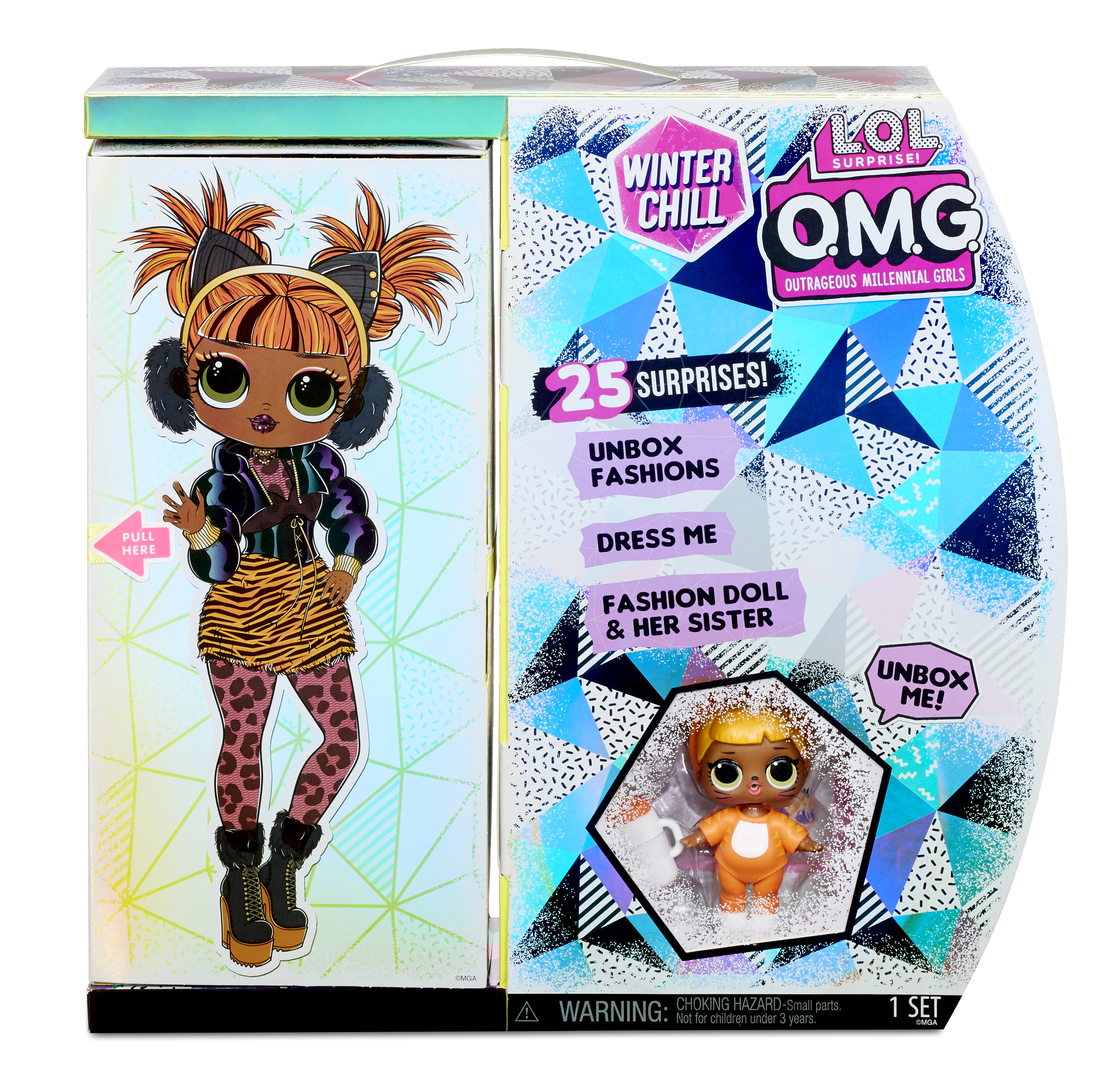 Pudełko LOL Surprise Winter Chill: lalka, akcesoria i tekst '25 niespodzianek!'.