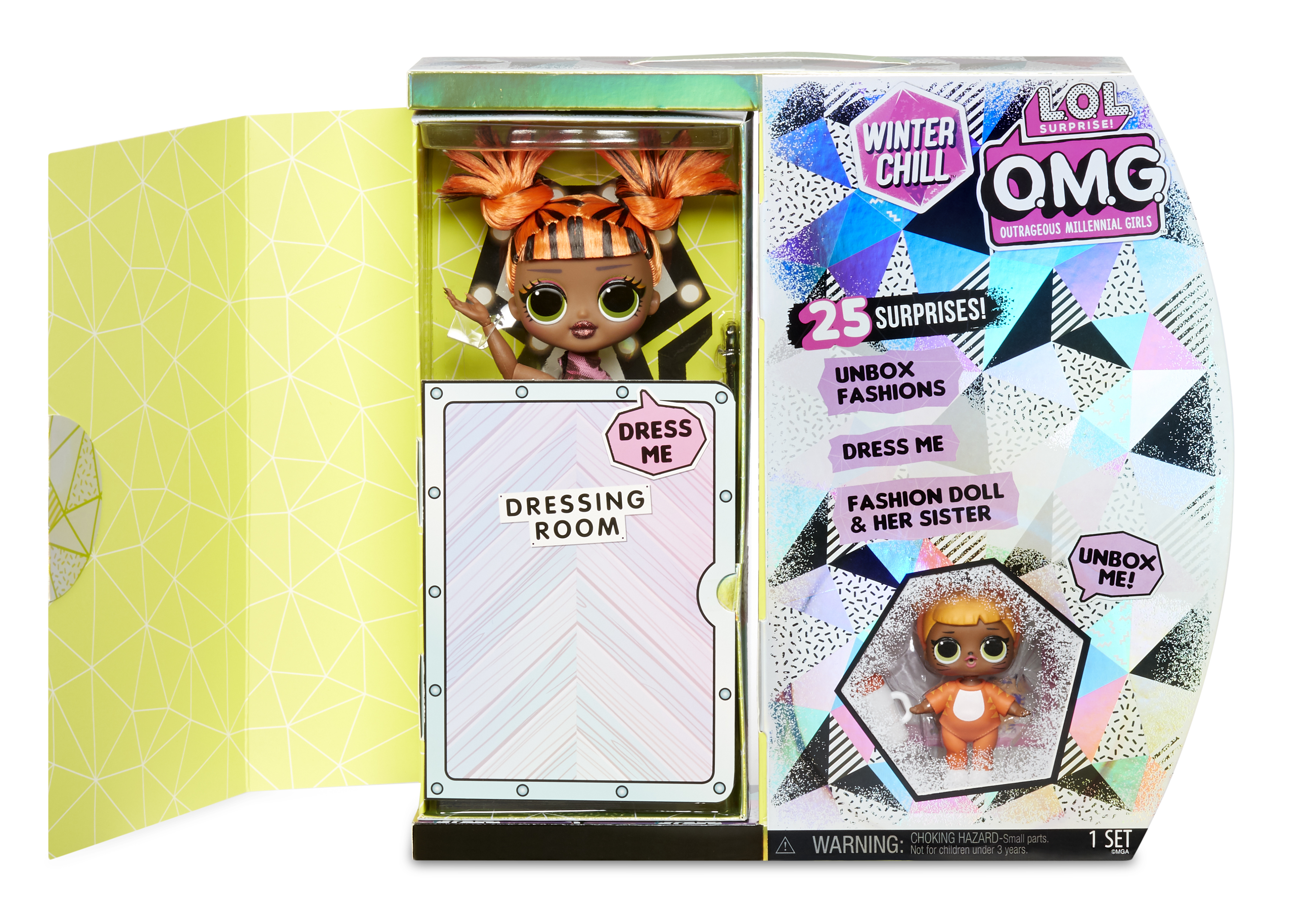 Pudełko z lalką i akcesoriami. Pudełko ma motyw garderoby i siostrzaną lalkę.