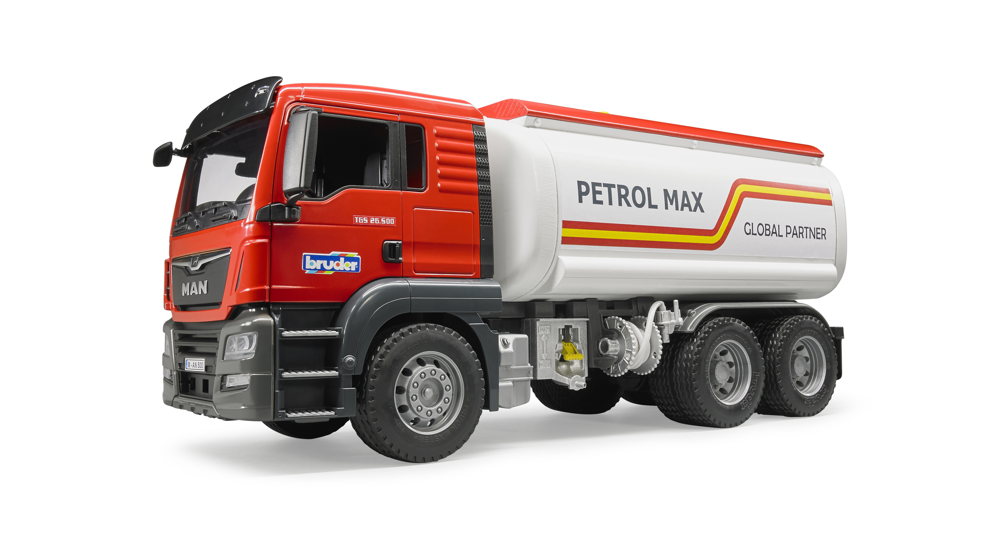 Czerwono-biała zabawka ciężarówka z napisem 'PETROL MAX' z boku.