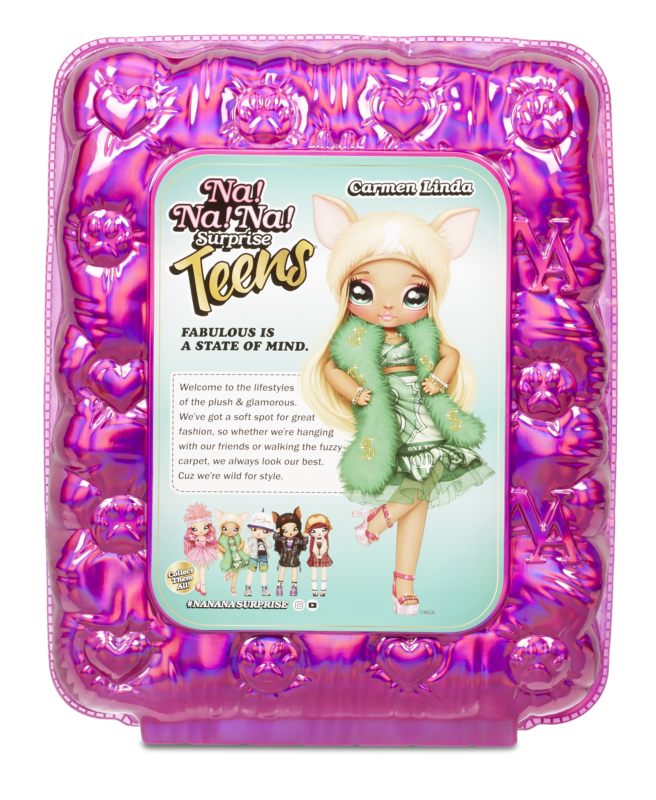 Lalka w różowej ramce, z napisem 'Na! Na! Na! Surprise Teens', z lalką o imieniu Carmen Linda.