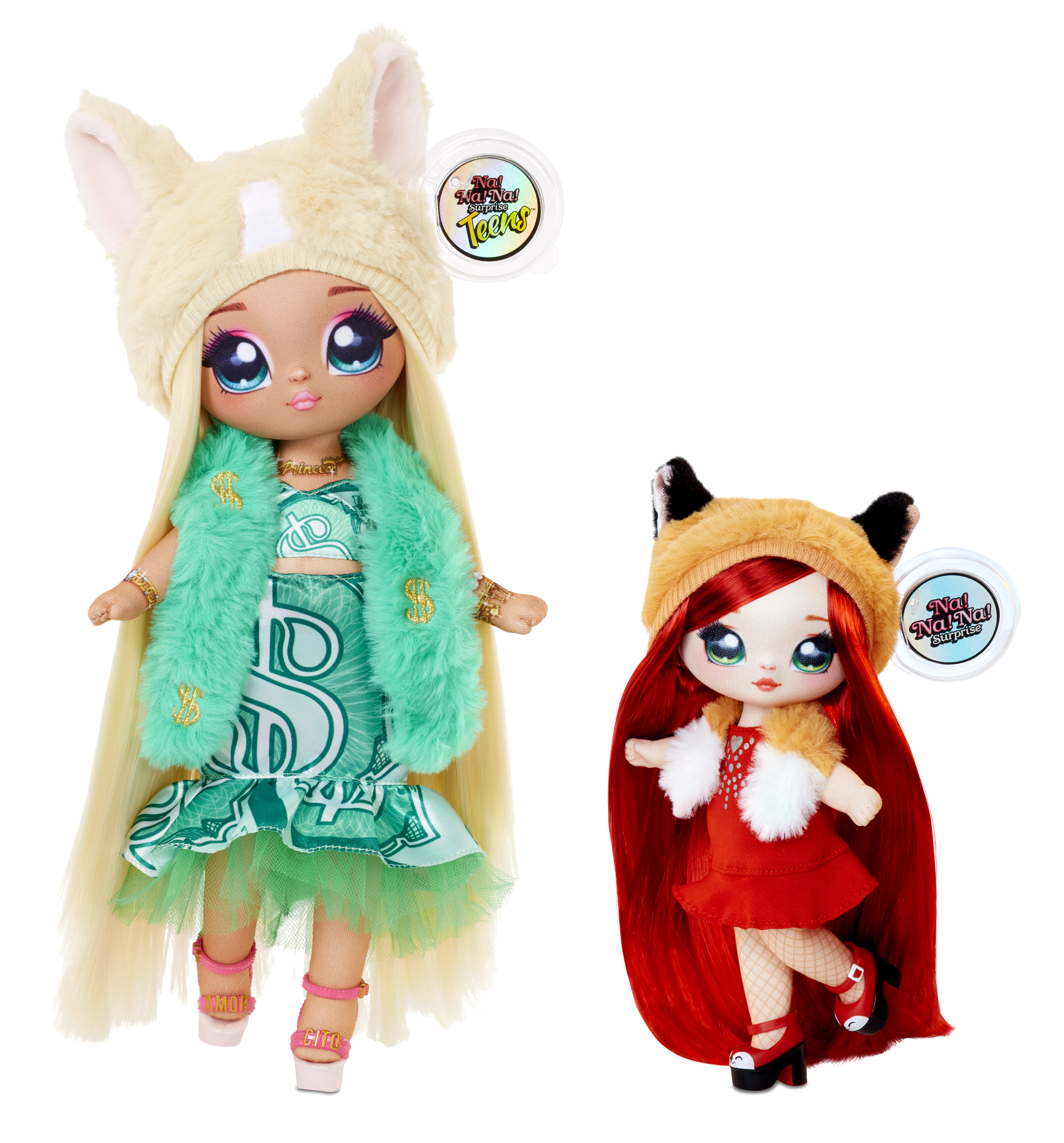 Dwie lalki modowe, jedna w sukience z dolarów, druga w czerwonej sukience z czapką lisa.