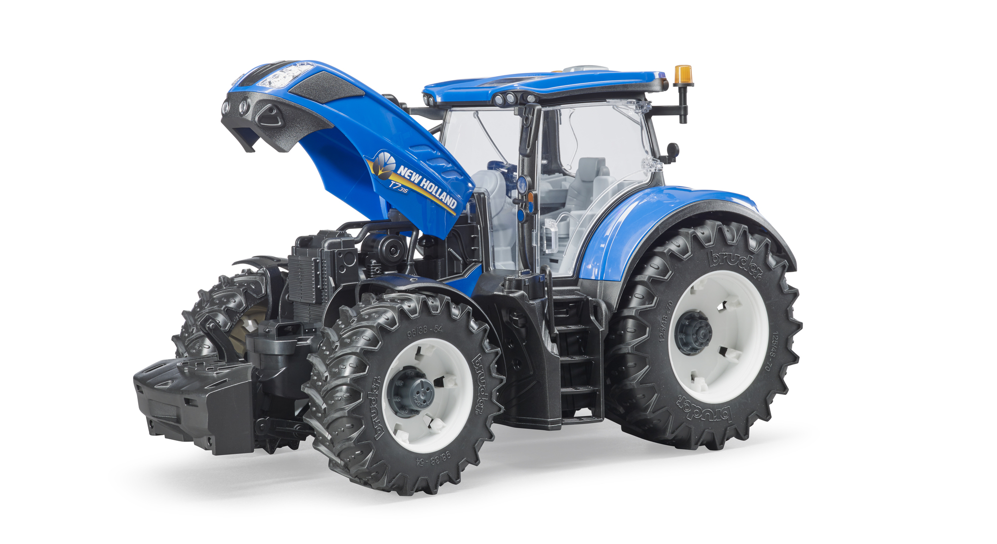 Niebieski traktor New Holland z otwartą maską na białym tle.