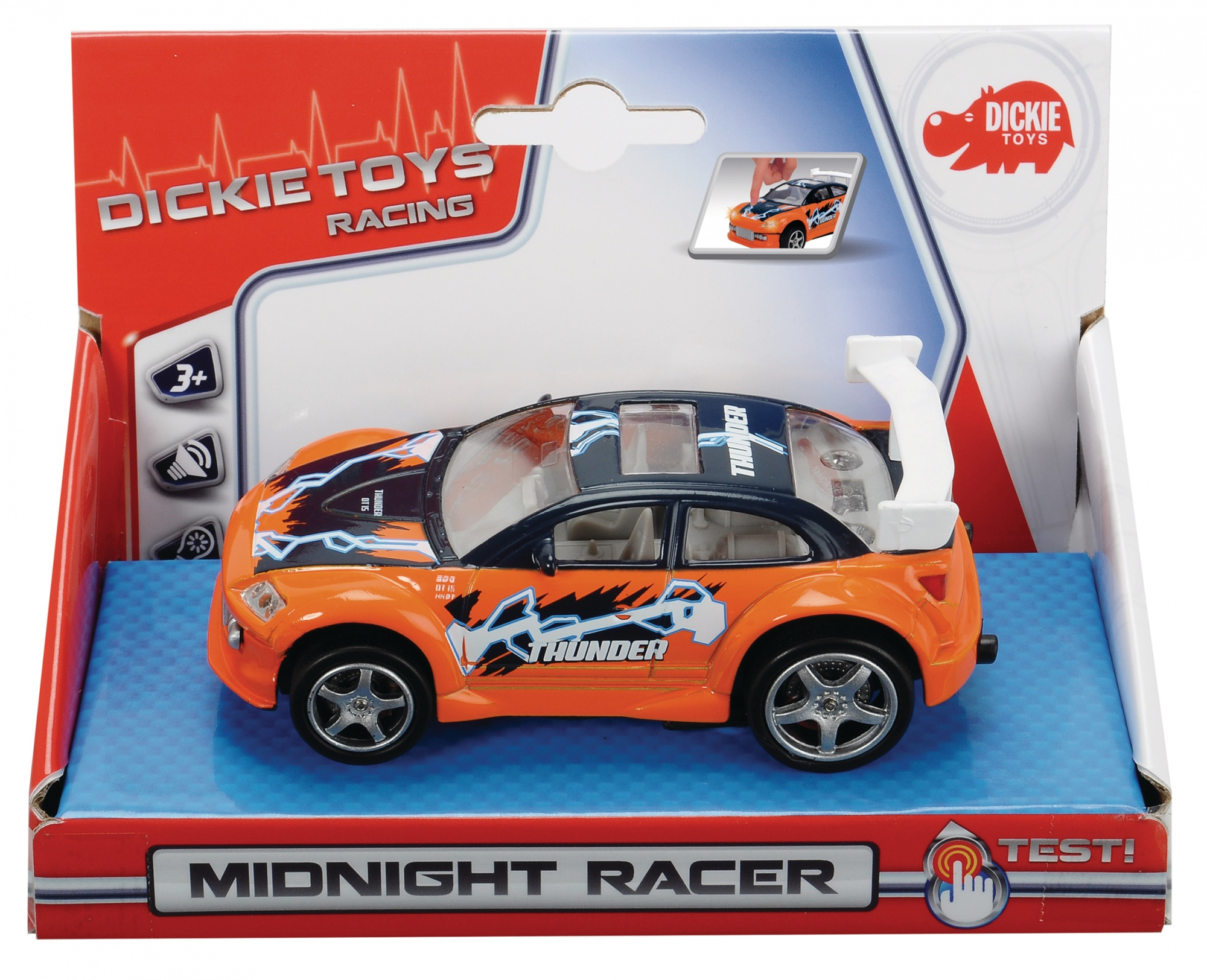 Ein Spielzeugauto in Orange und Schwarz in einer Schachtel mit der Aufschrift Midnight Racer. Die Schachtel hat ein rot-weißes Design.