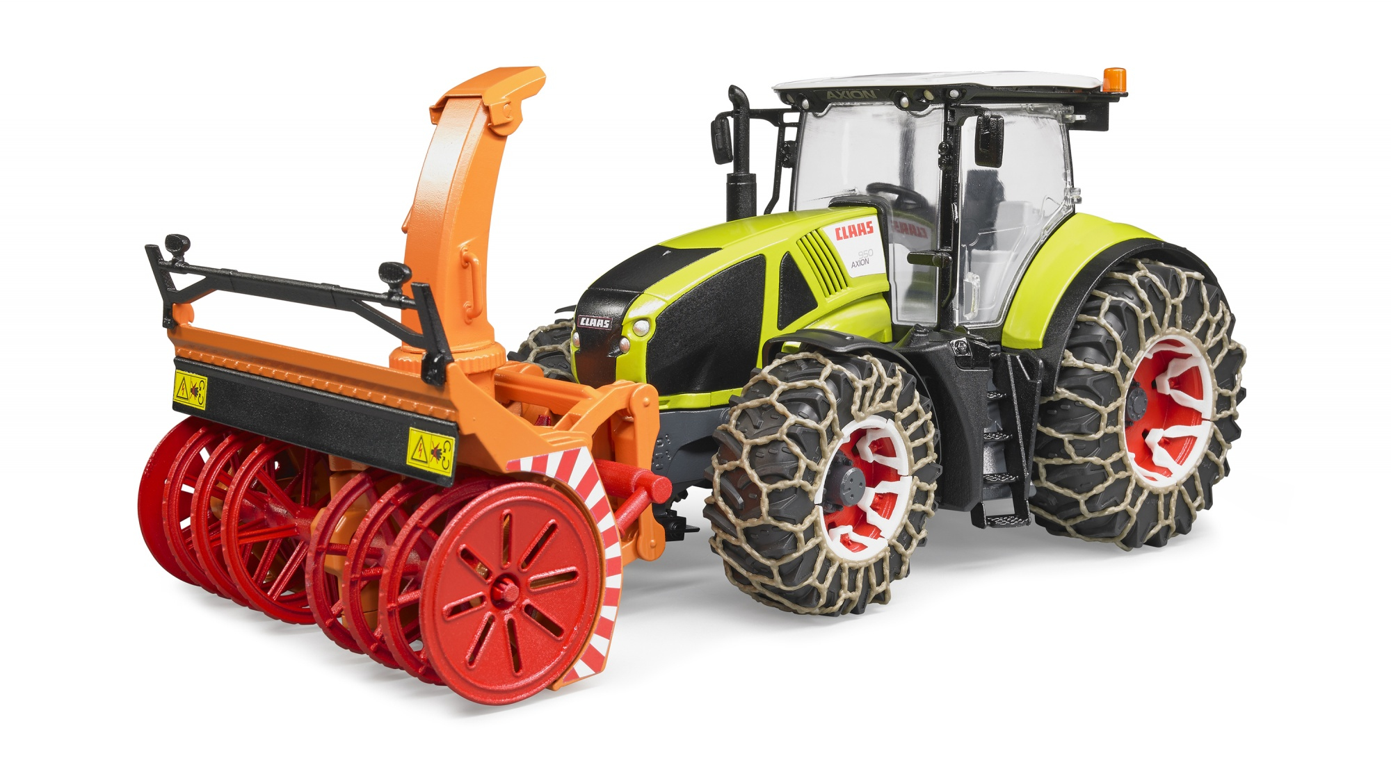 Un tractor CLAAS de juguete con accesorio de quitanieves, sobre un fondo blanco.