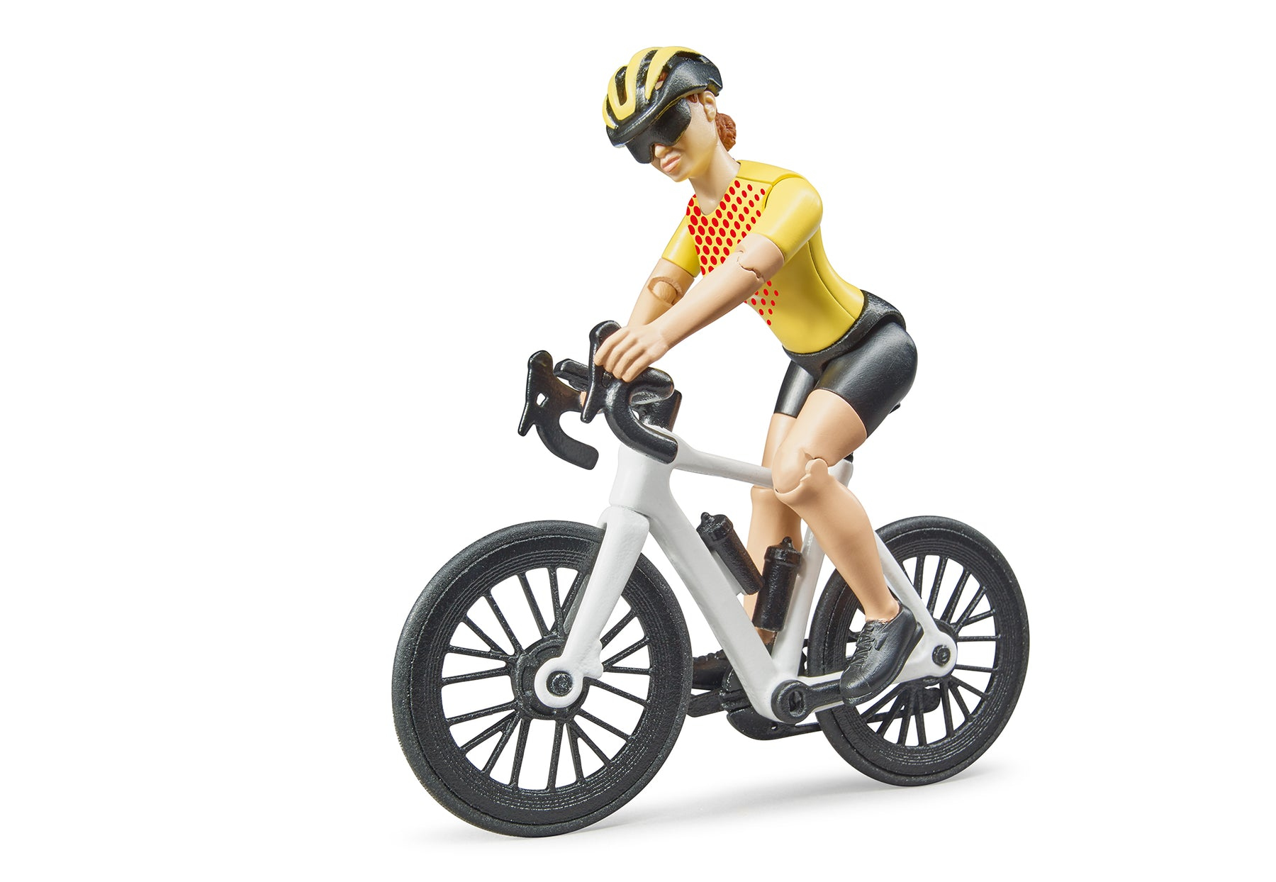 Figurka rowerzystki w żółto-czarnym stroju, jadącej na białym rowerze.