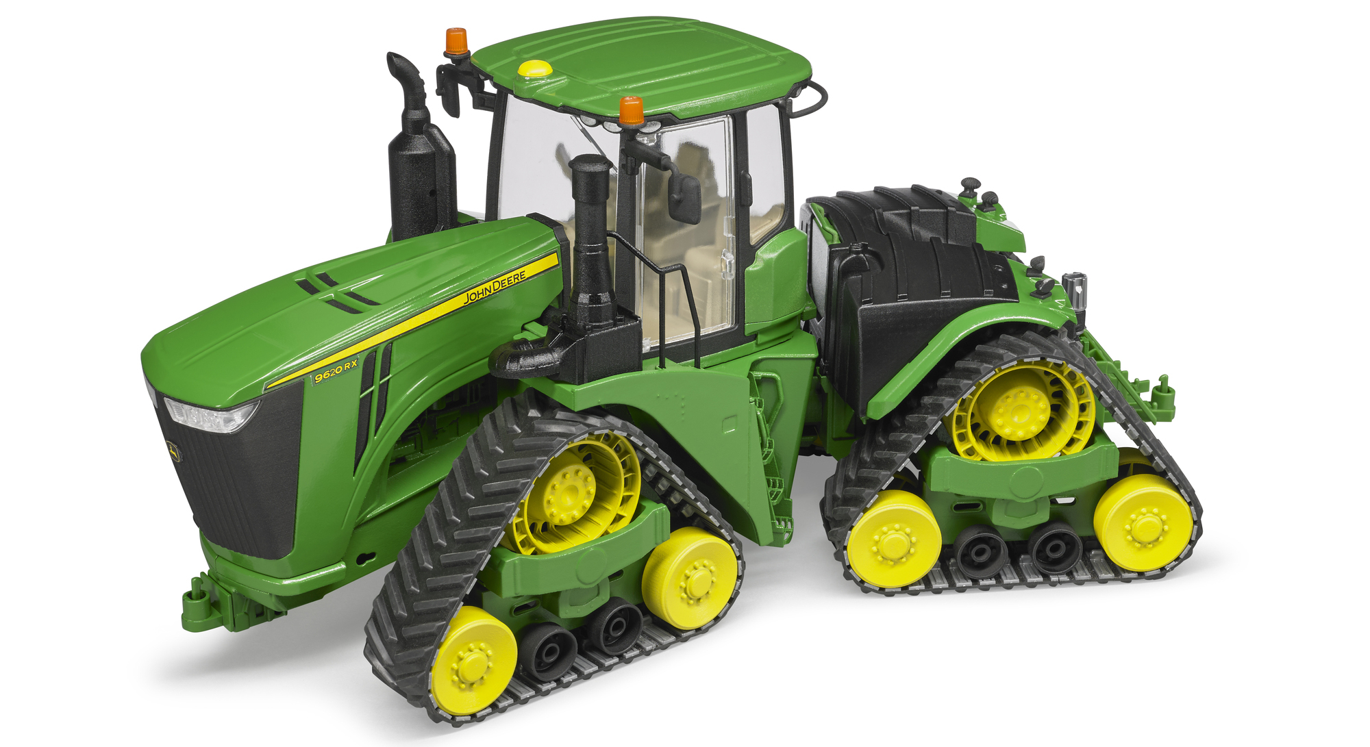 Zielono-żółta zabawka ciągnika John Deere.
