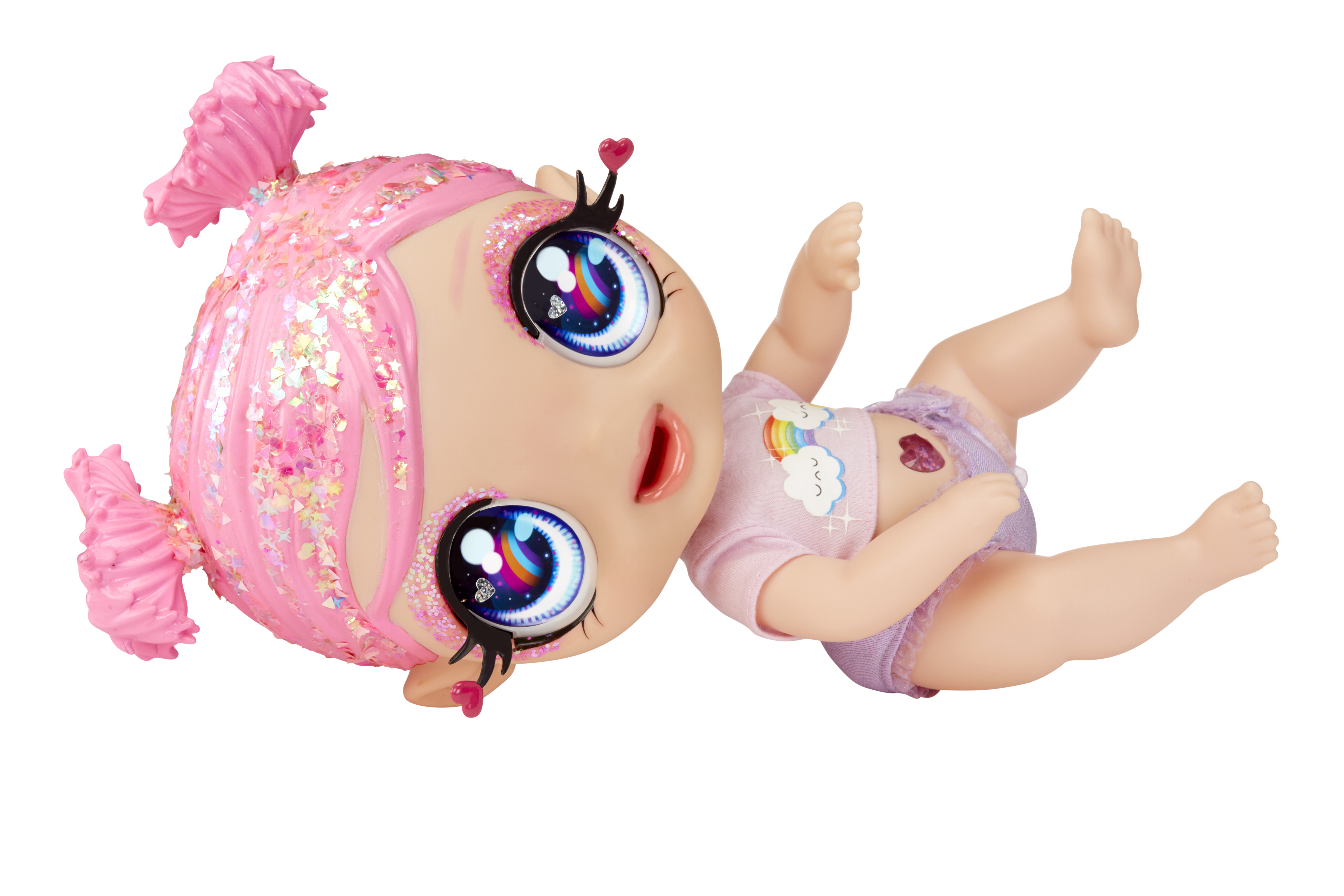 Lalka dla dziecka z różowymi włosami, brokatem i niebieskimi oczami, leżąca, białe tło.