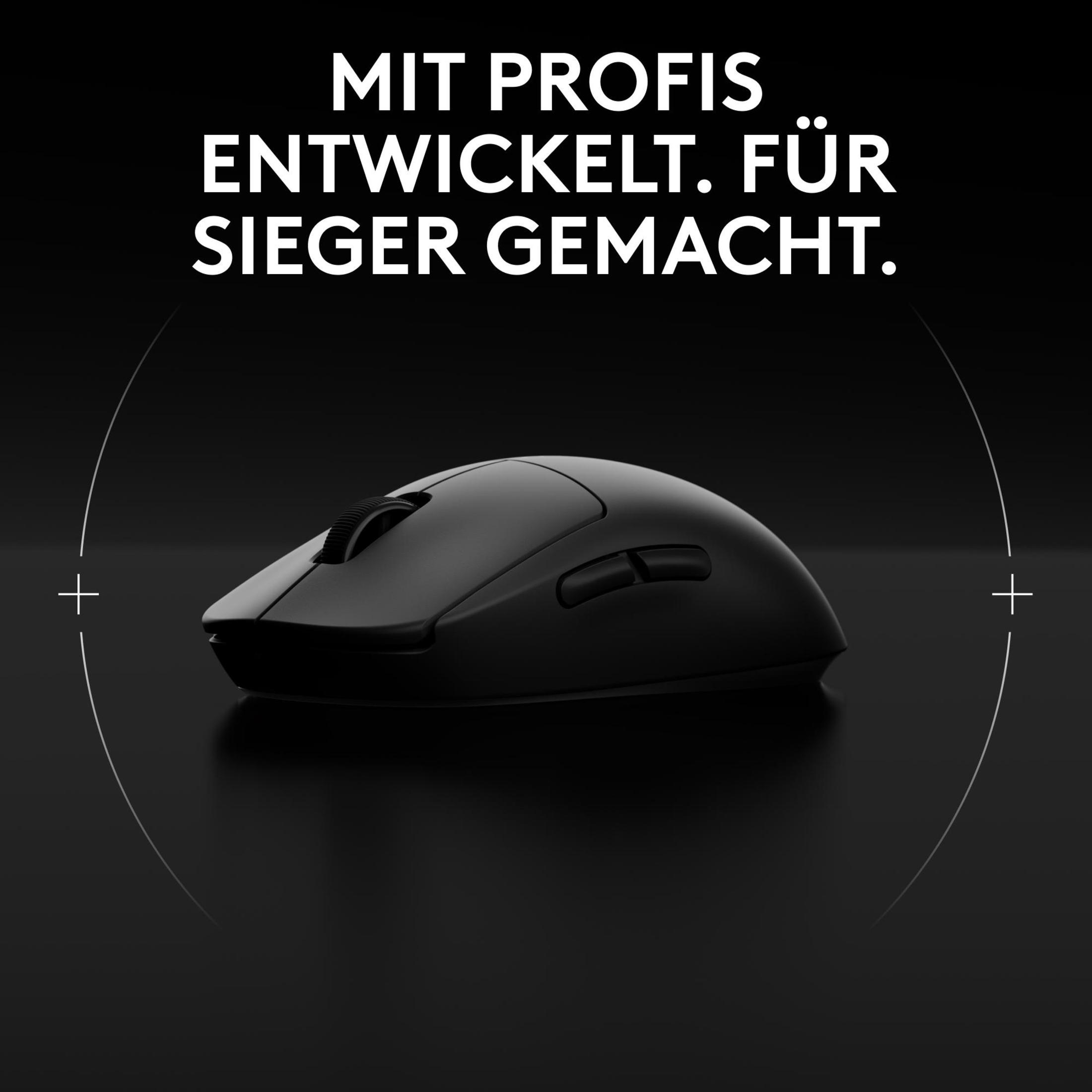 Een zwarte computermuis op een zwart oppervlak, met tekst erboven.