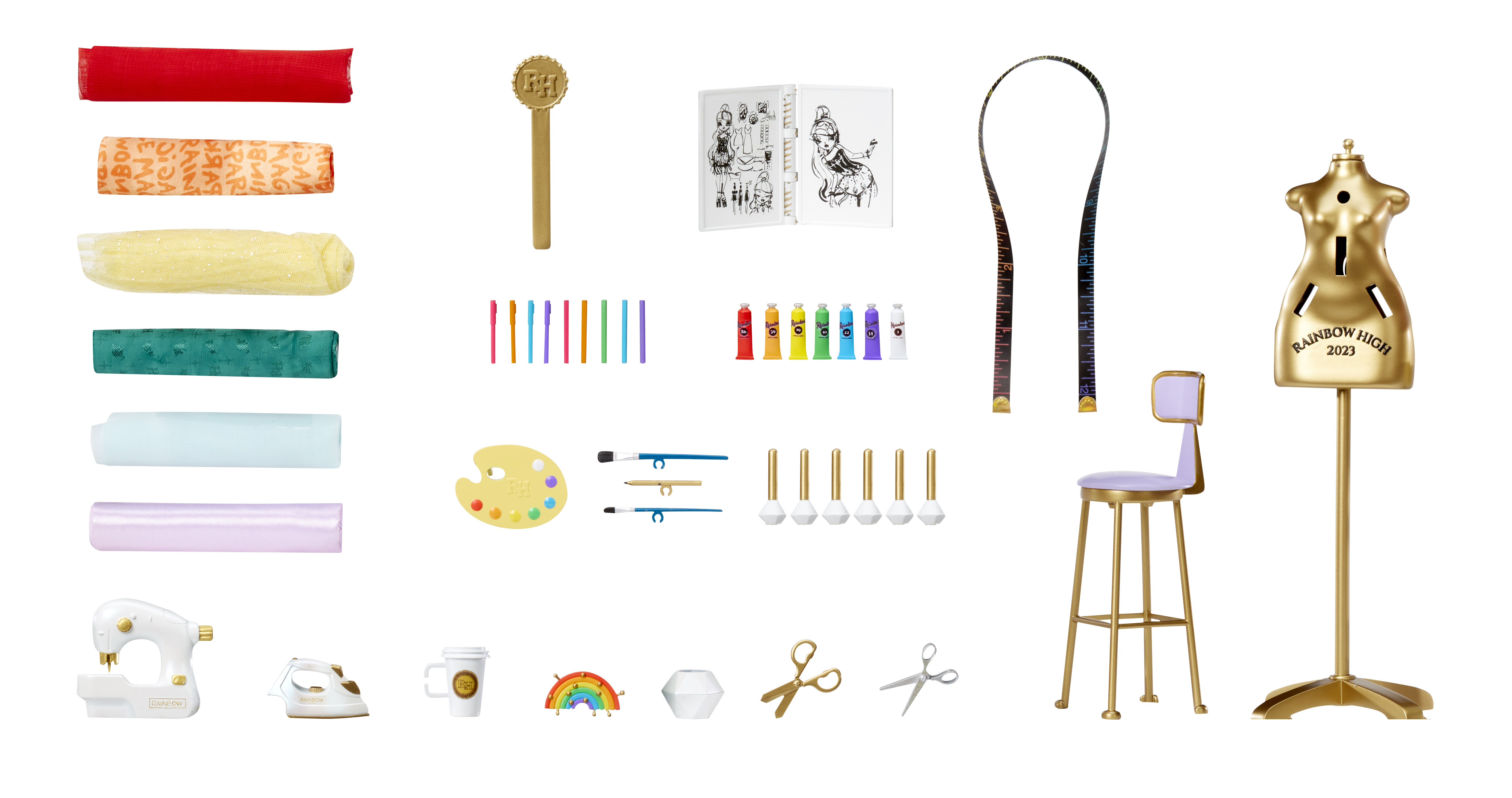 Różne materiały artystyczne na białym tle: tubki z farbą, pędzle, paleta, manekin i akcesoria do szycia.