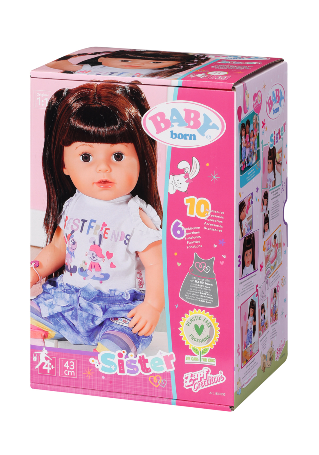 Eine Baby Born Schwester-Puppenbox mit dem Bild der Puppe und Informationen zu Zubehör auf der Seite.