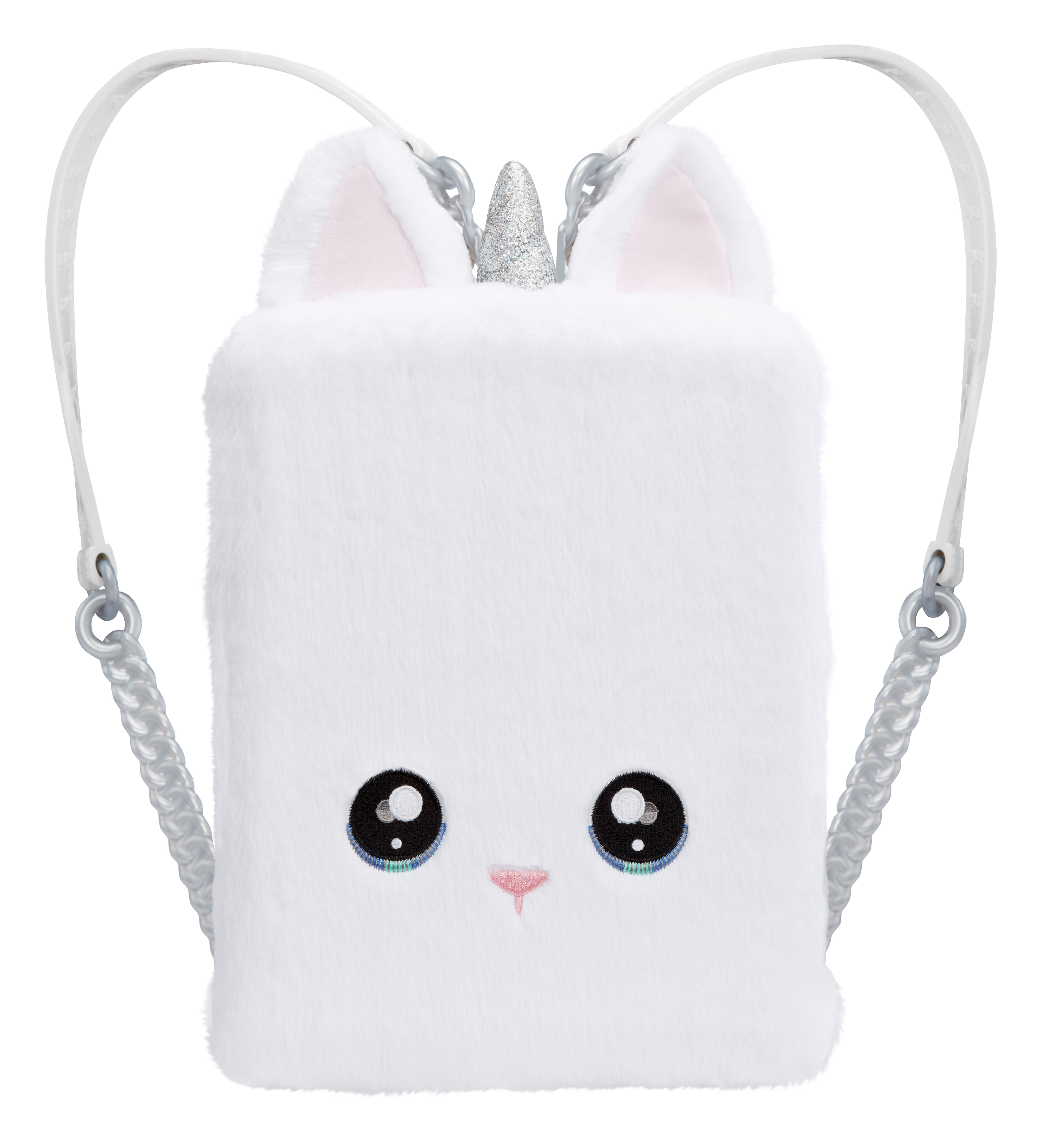 Biały, puszysty plecak z jednorożcem ze srebrnym rogiem i paskami oraz czarnymi oczami.