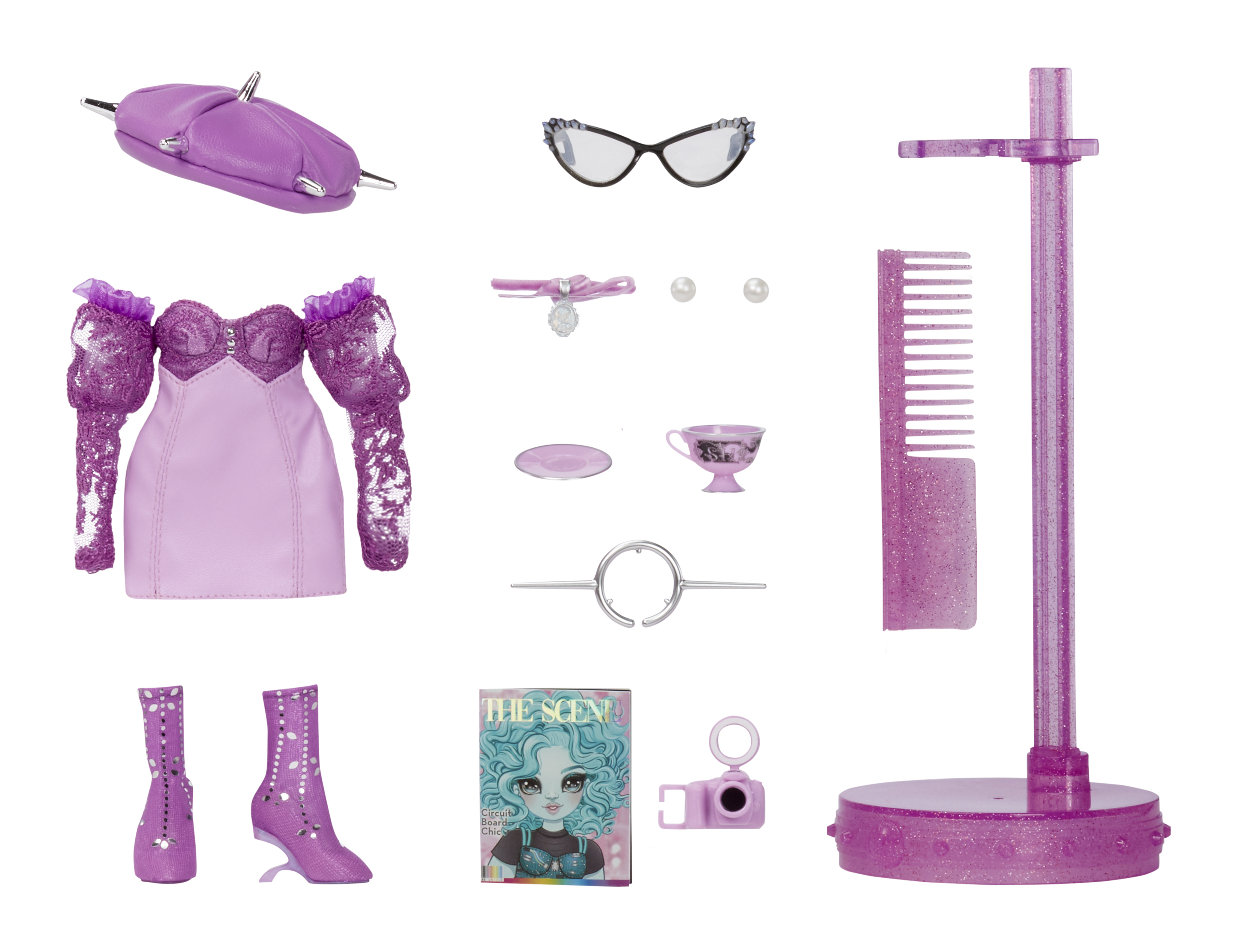Różne akcesoria dla lalek: ubrania, buty, okulary, stojak i magazyn, wszystko w odcieniach fioletu.