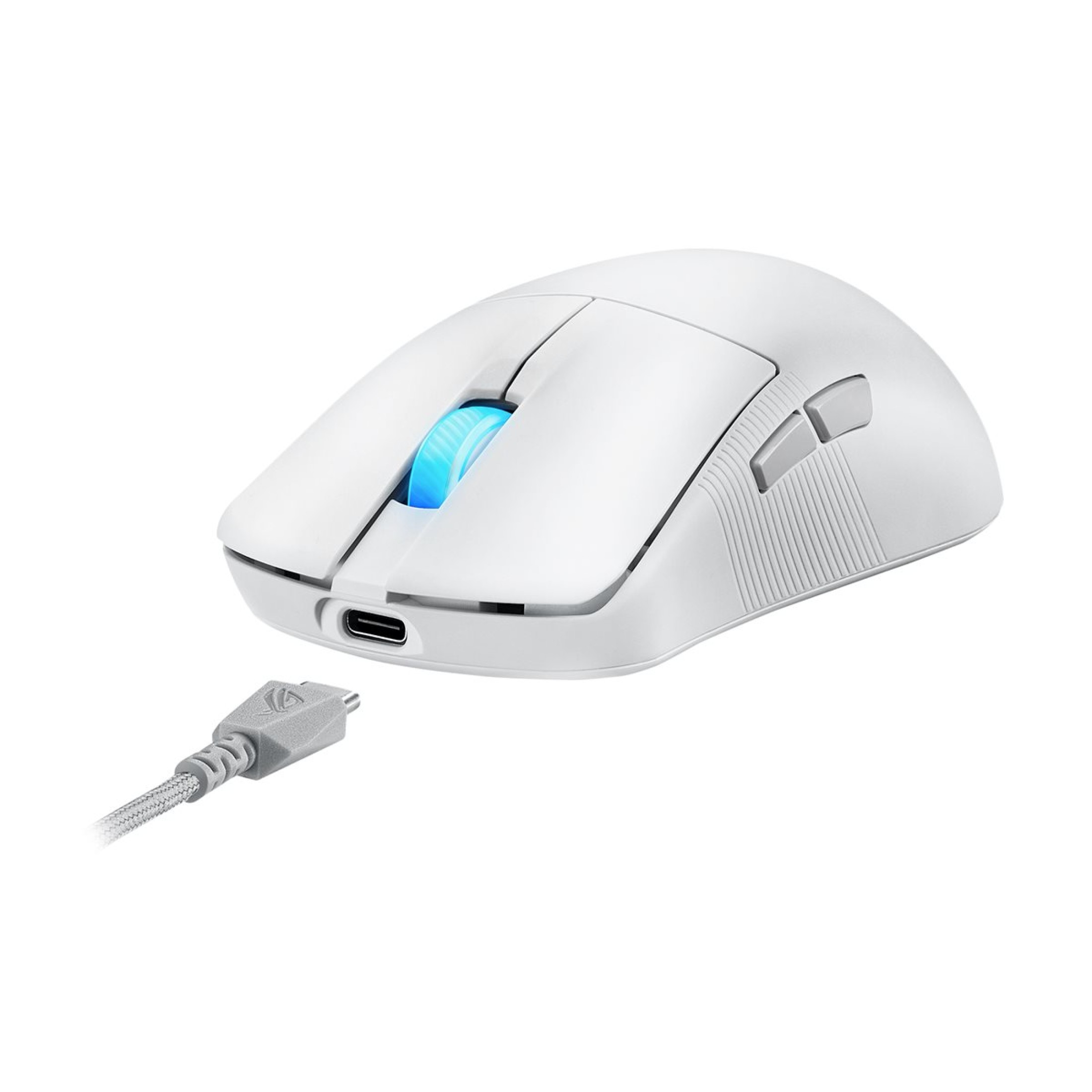 Biała mysz komputerowa z kółkiem przewijania i przyciskami. Podłączony jest kabel ładujący.