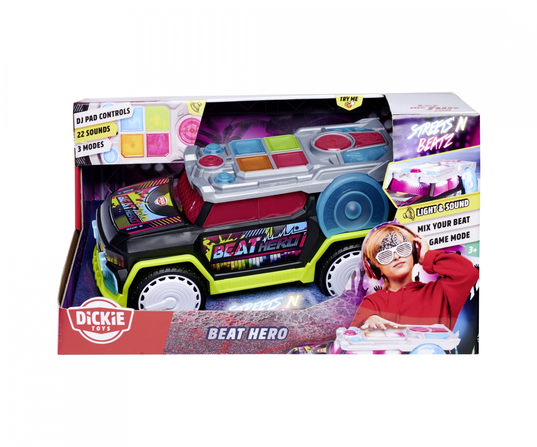 Zabawkowe auto z deckiem DJ na górze, w pudełku z dzieckiem na okładce.
