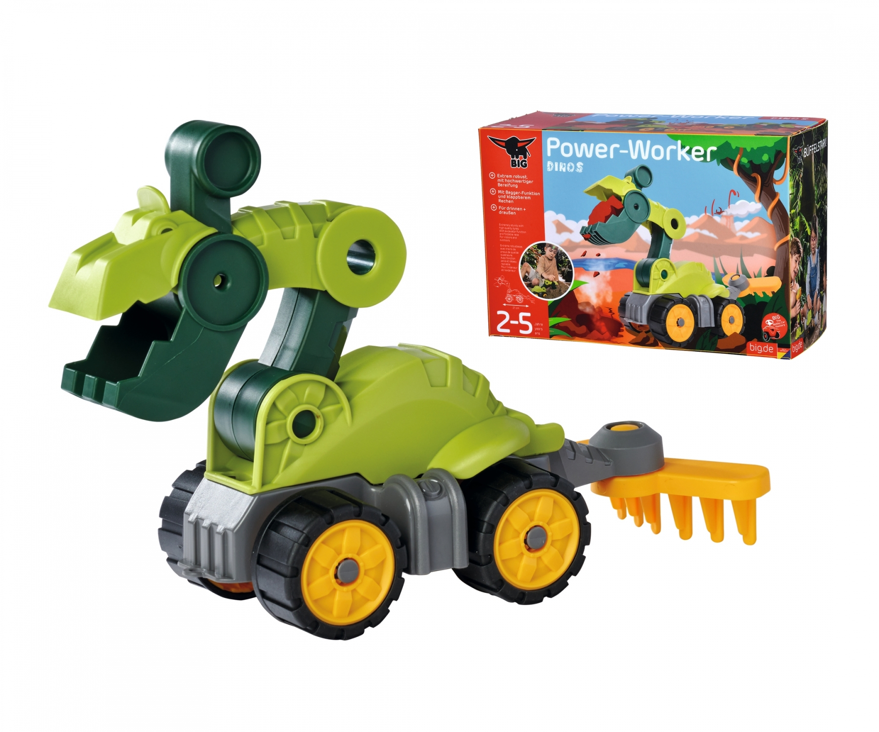Grünes Dinosaurier-Spielzeug mit einer Box. Die Box zeigt ein ähnliches Spielzeug. Weißer Hintergrund.