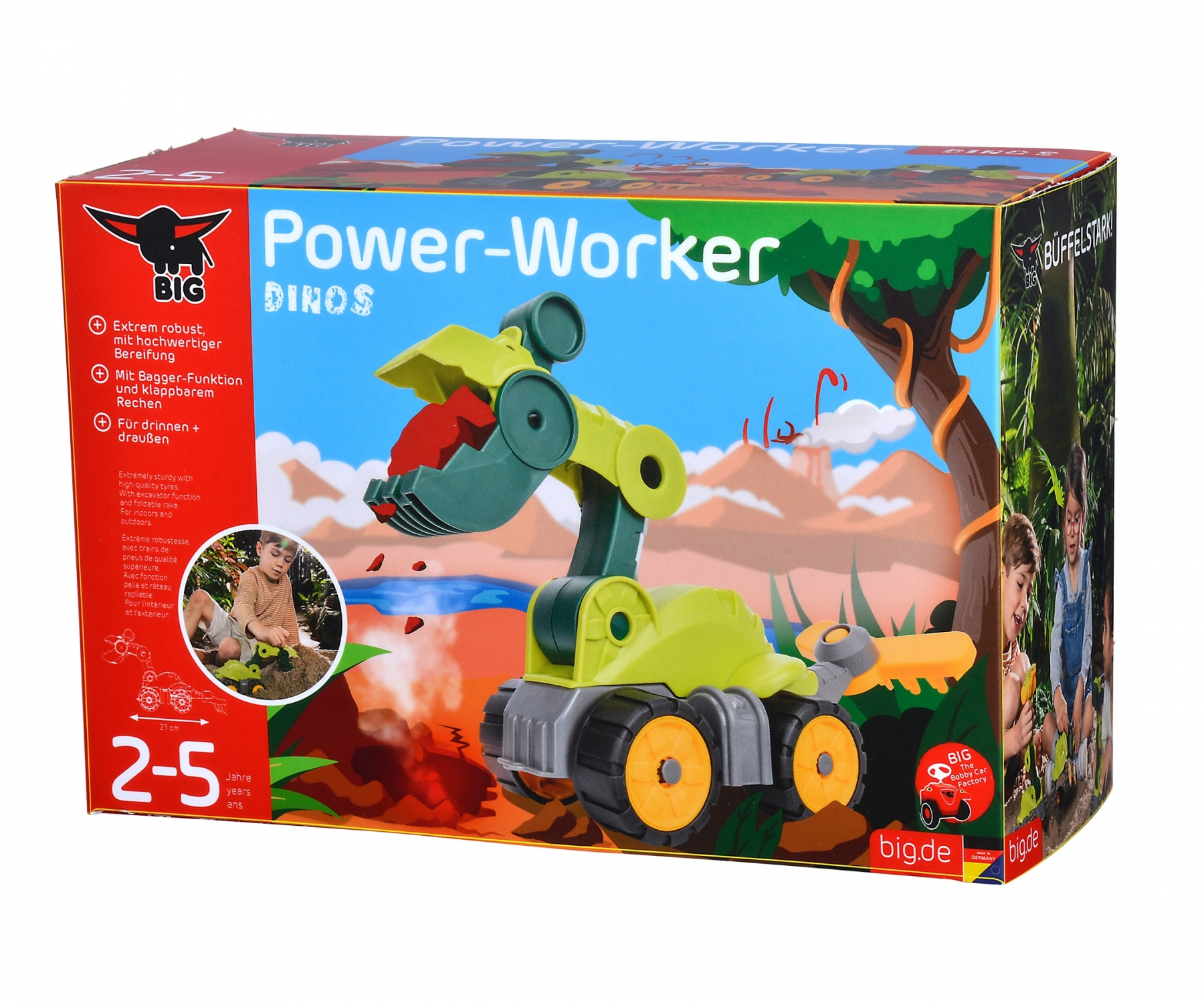 Spielzeugbagger, grün und gelb, mit einem Dinosaurier auf der Box, weißer Hintergrund.