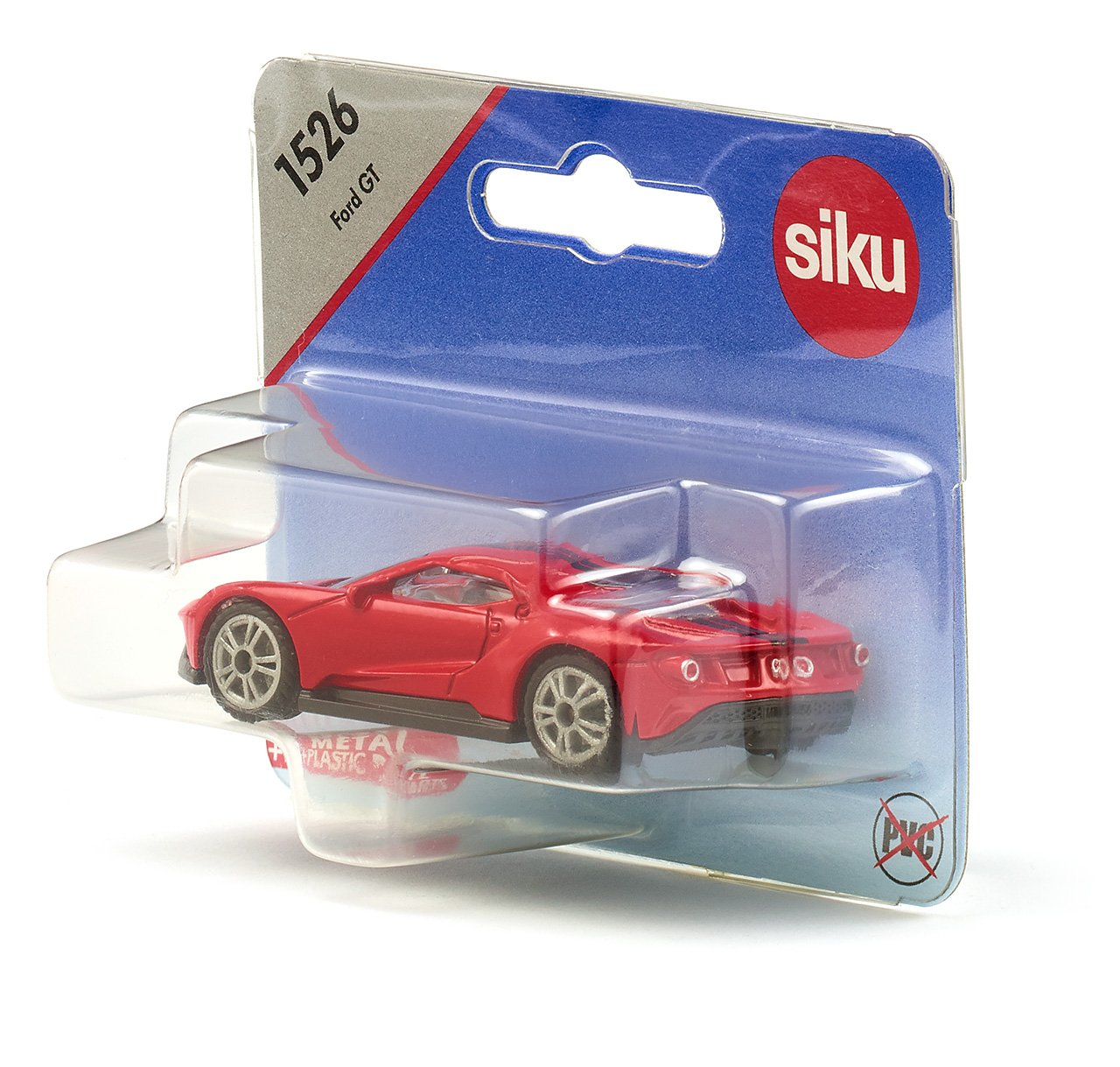 Ein rotes Spielzeugauto in einer transparenten Kunststoffverpackung mit blau-silberner Rückseite. Das Auto ist ein Ford GT.