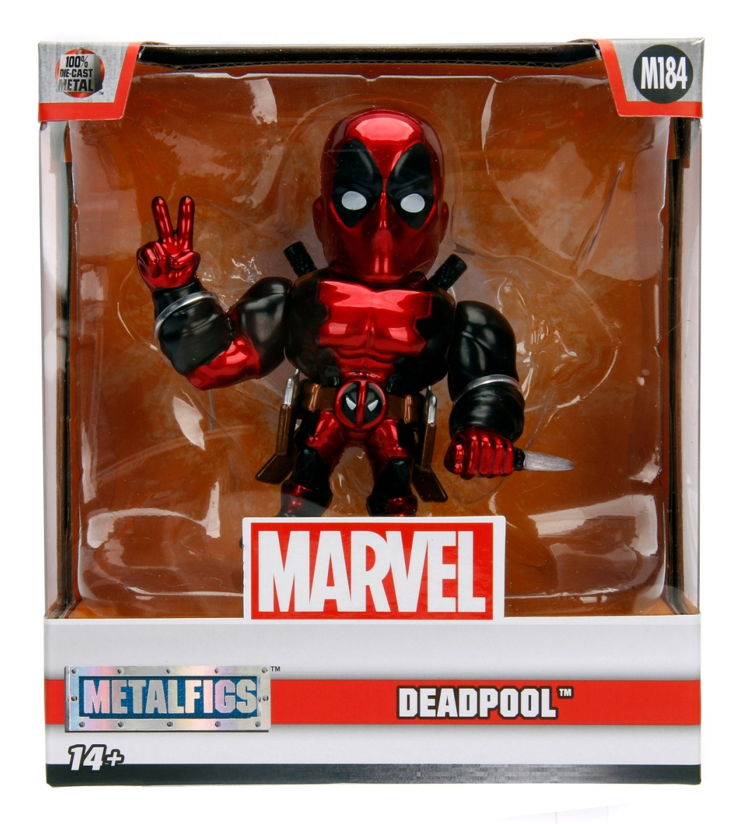 Figurka Deadpool w pudełku z logo 'Marvel' i etykietą 'Metalfigs'.