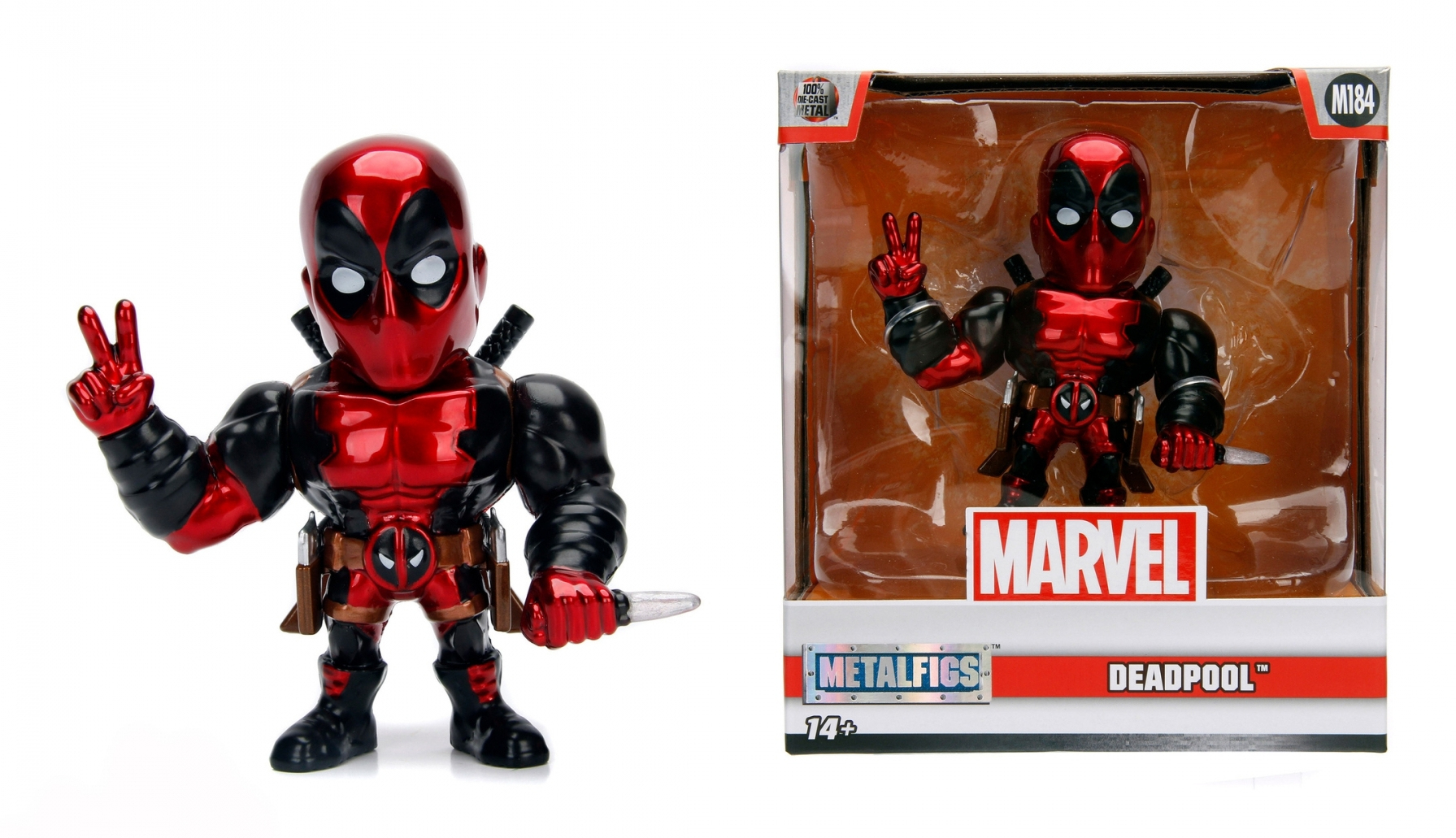 Figurka Deadpoola z dwoma palcami w górze. Obok zapakowanej figurki Deadpoola w pudełku Marvel Metalfigs.