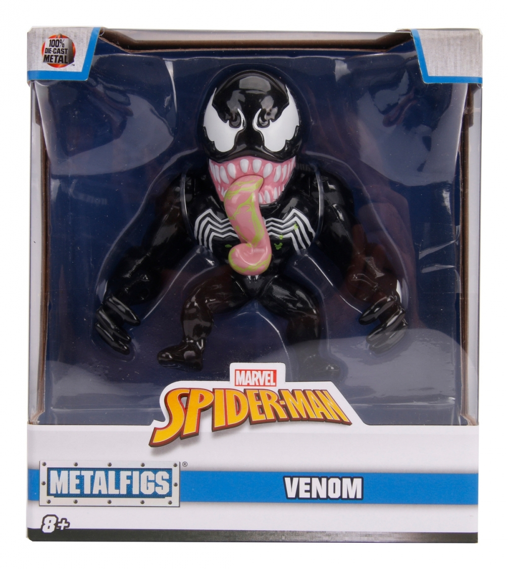 Figurka Venom w opakowaniu. Czarne ciało, białe oczy, różowy język. Marka Marvel Spider-Man.