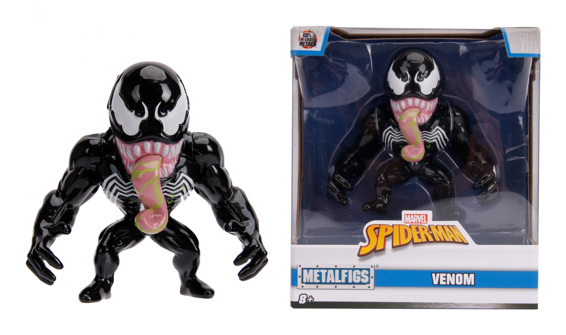 Figurka Venoma i pudełko z tą samą figurką. Oba na białym tle.
