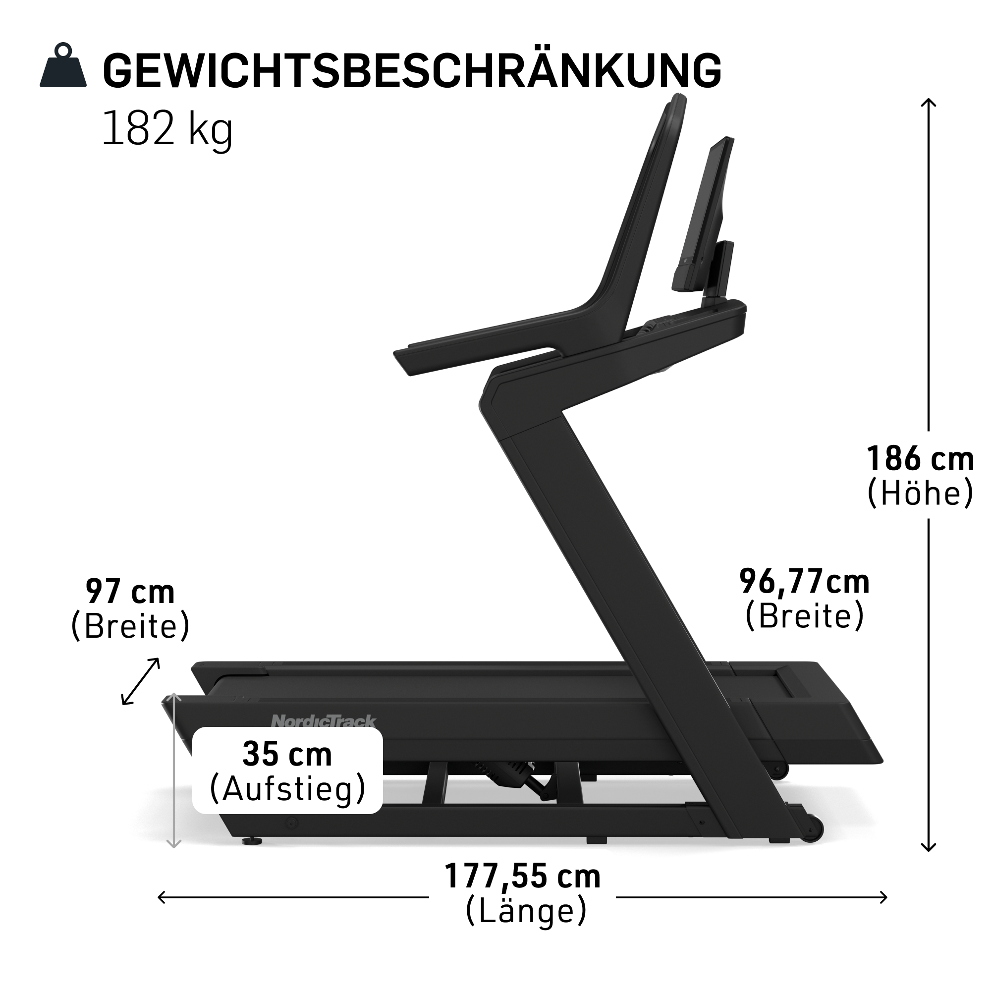 Schwarzes Laufband mit Abmessungen in cm und Gewichtsgrenze 182 kg vor weißem Hintergrund.