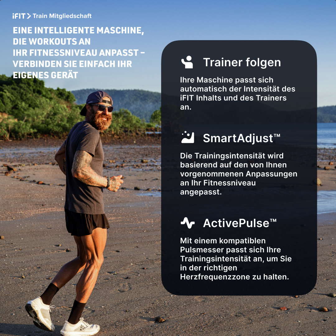 Ein Mann, der am Strand rennt, mit Text über iFIT-Training. Erwähnt Trainerfolge, SmartAdjust und ActivePulse.