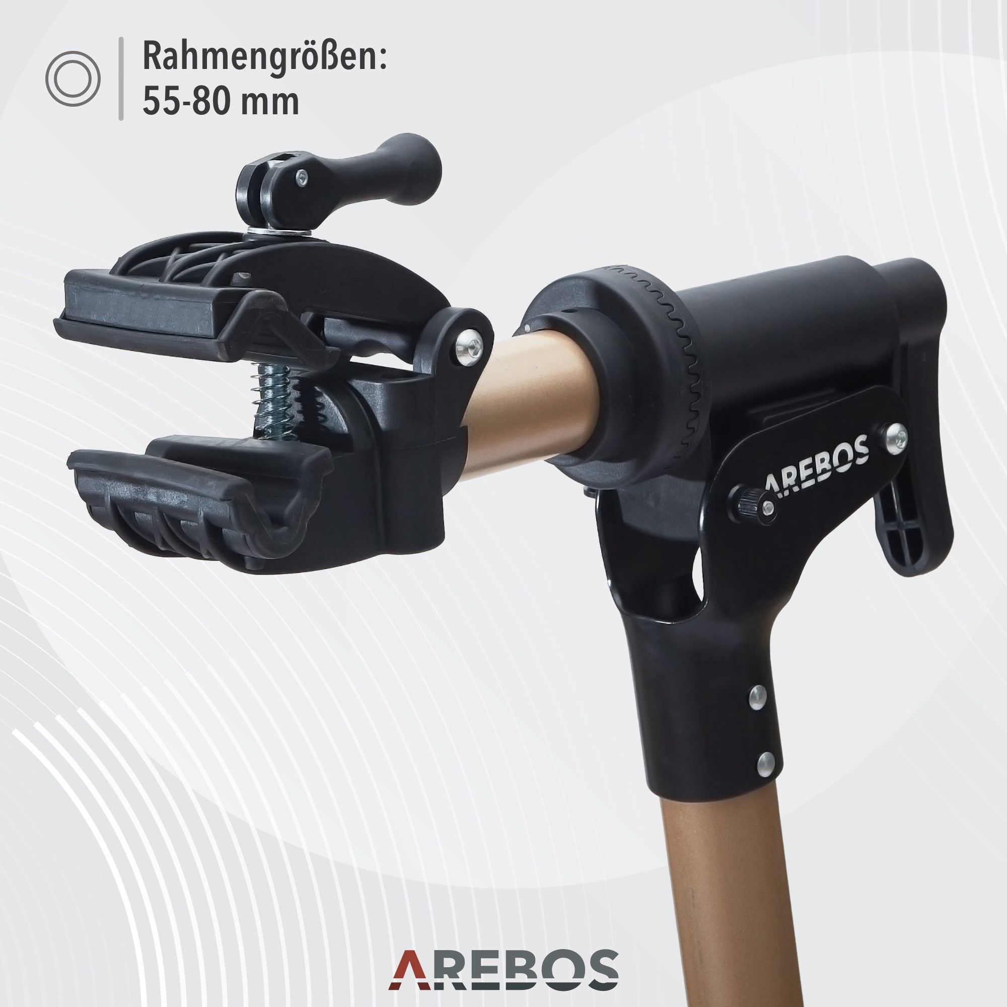 Ein schwarzer Fahrradreparaturständer mit einer Klemme. Der Text 'AREBOS' ist sichtbar.