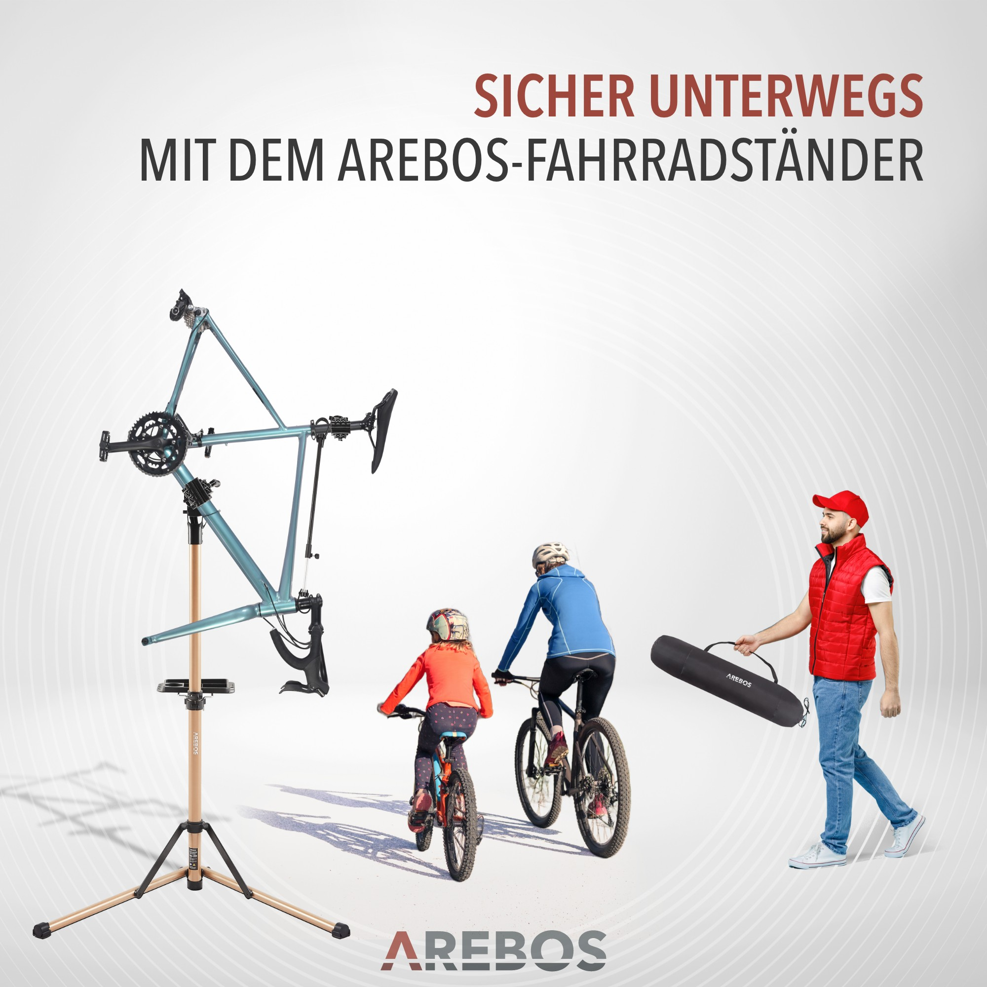 Menschen mit Fahrrädern und ein Fahrradständer, Text: 'Sicher Unterwegs'.