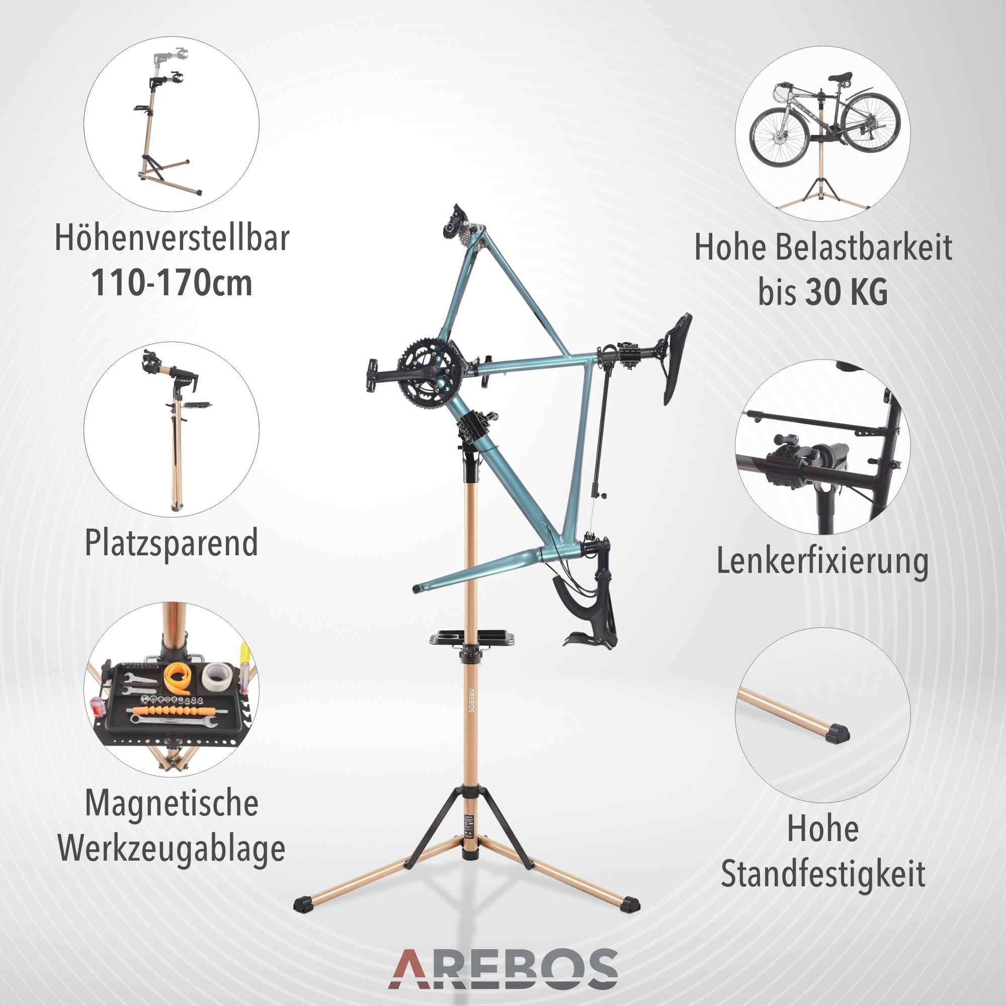 Fahrradreparaturständer mit Fahrrad, Werkzeug und Funktionen. Der Ständer ist gold und schwarz.