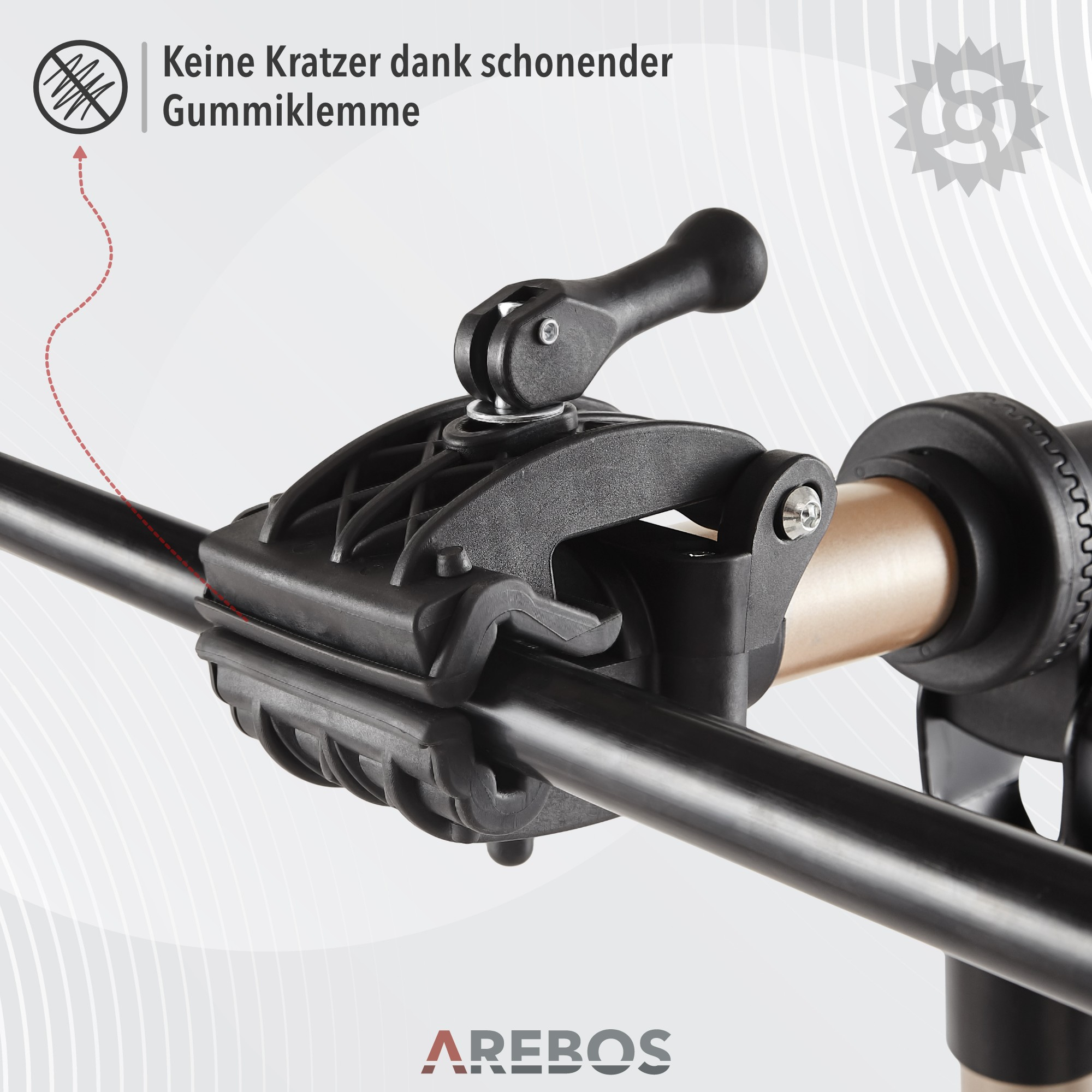 Fahrradlenkerklemme mit Gummiklemme. Text auf Deutsch: Keine Kratzer dank schonender Gummiklemme.