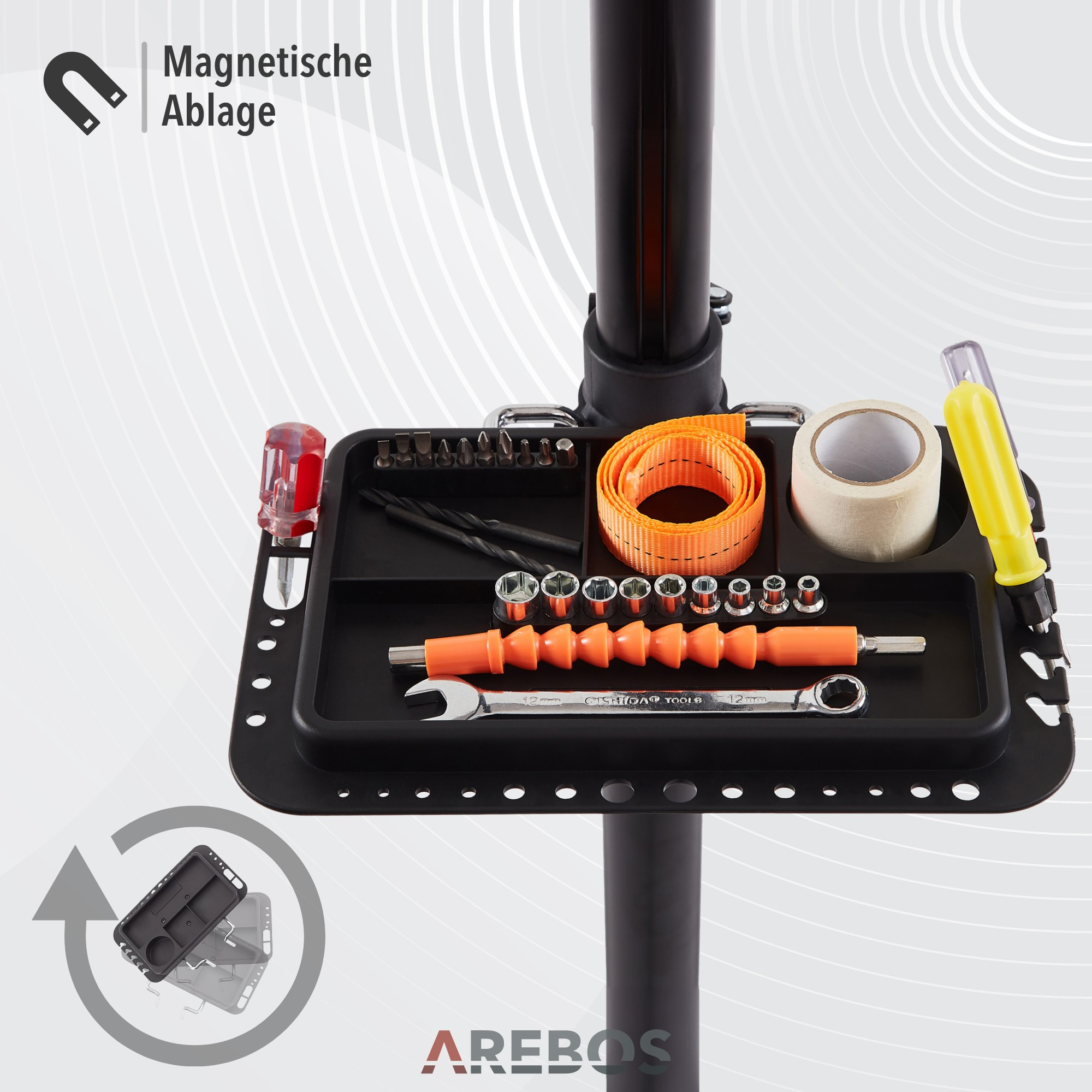 Ein schwarzer Werkzeugorganisator mit Werkzeugen und der Aufschrift 'Magnetische Ablage'.