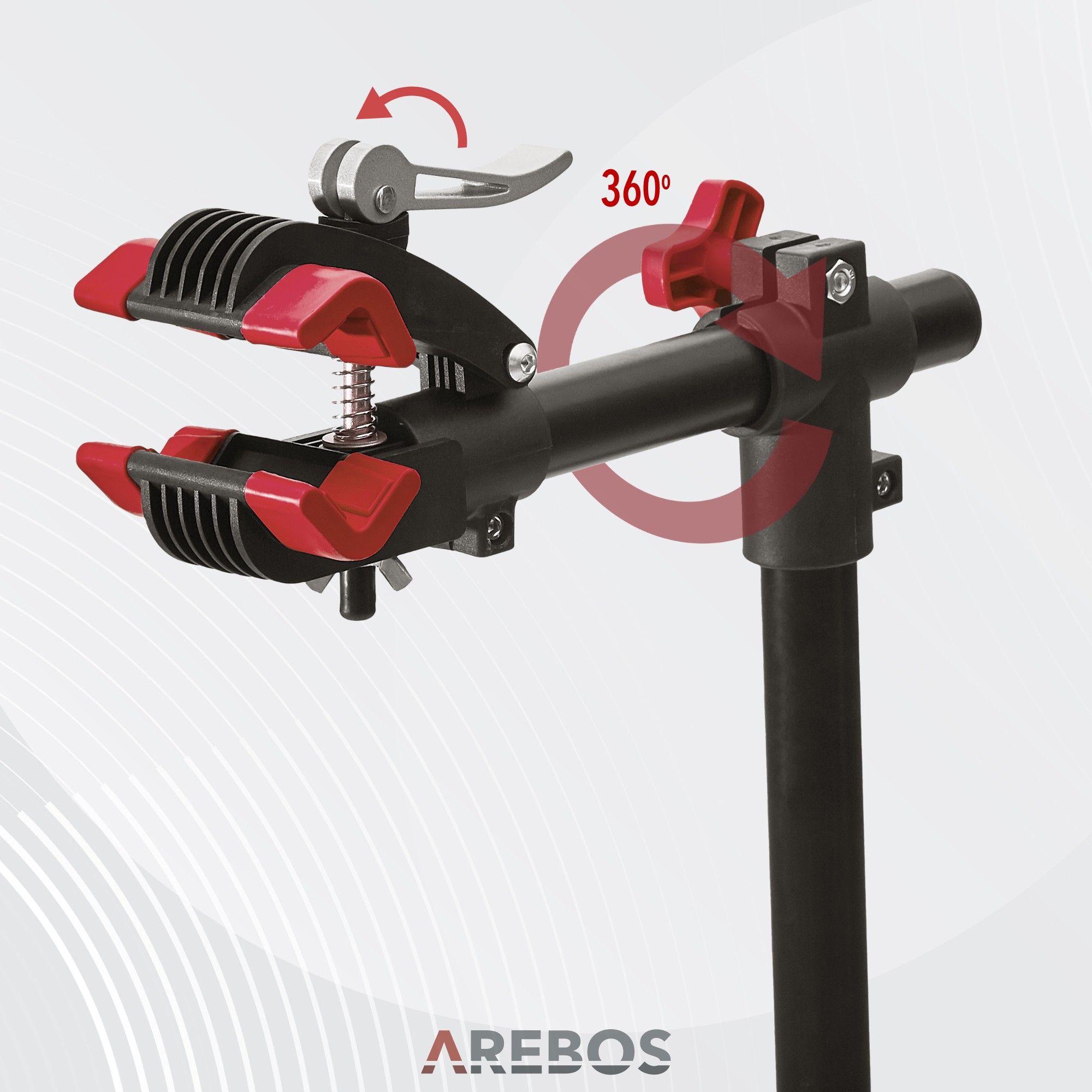 Ein schwarz-roter Fahrradreparaturständer mit 360-Grad-Einstellfunktion und einem Arebos-Logo.