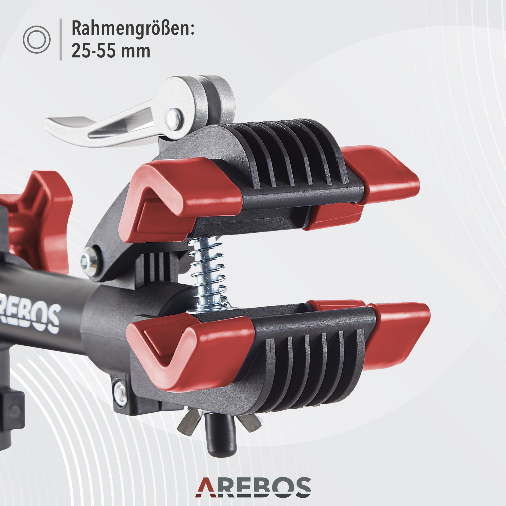 Schwarz-roter Fahrradreparaturständer. Der Ständer hält einen Fahrradrahmen. Die Marke AREBOS ist sichtbar.