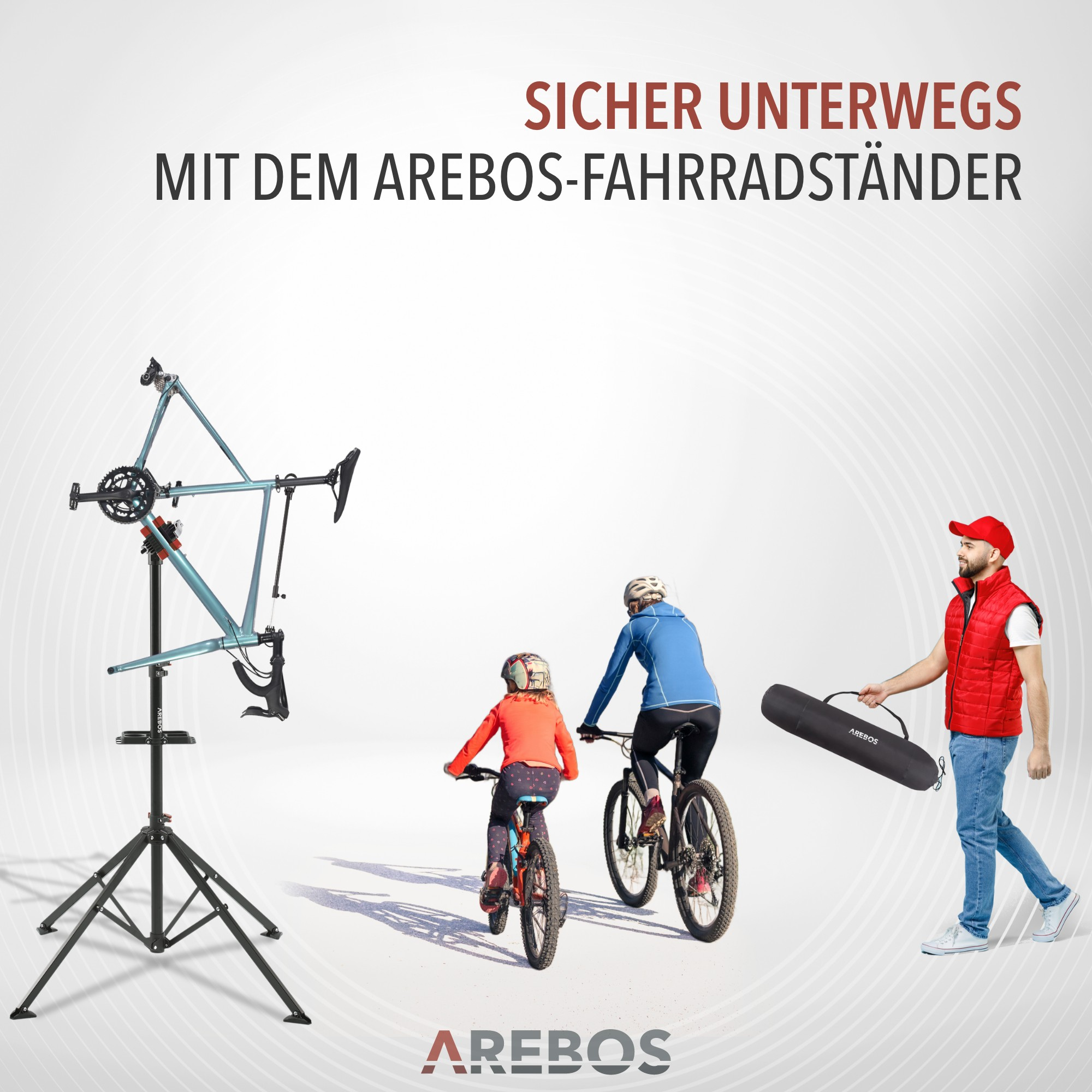 Anzeige zeigt Fahrradreparaturständer, Mann mit Fahrradtasche und Familie beim Radfahren. Text lautet AREBOS.