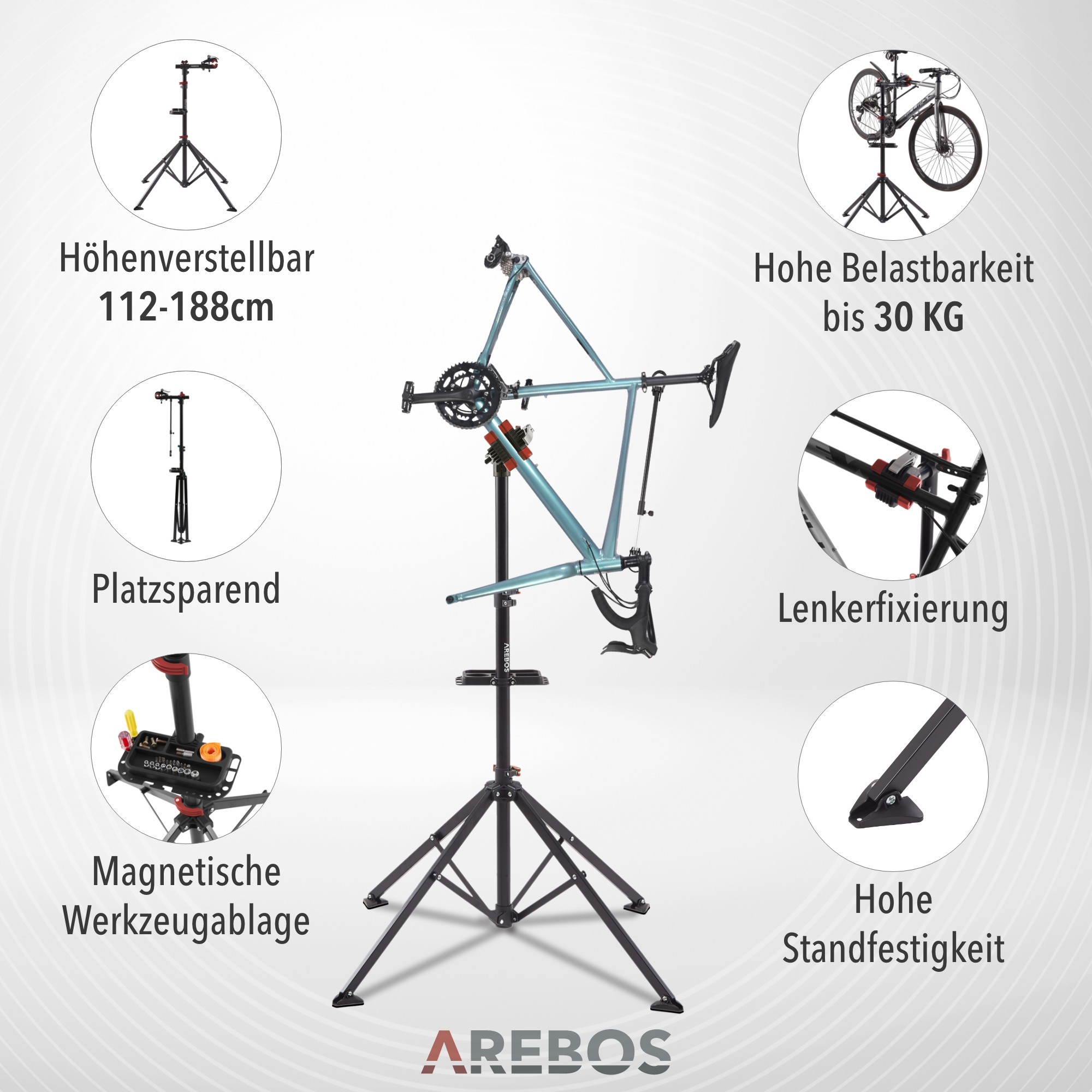 Ein schwarzer und roter Fahrradreparaturständer mit einem Fahrrad darauf und Etiketten mit deutschem Text.