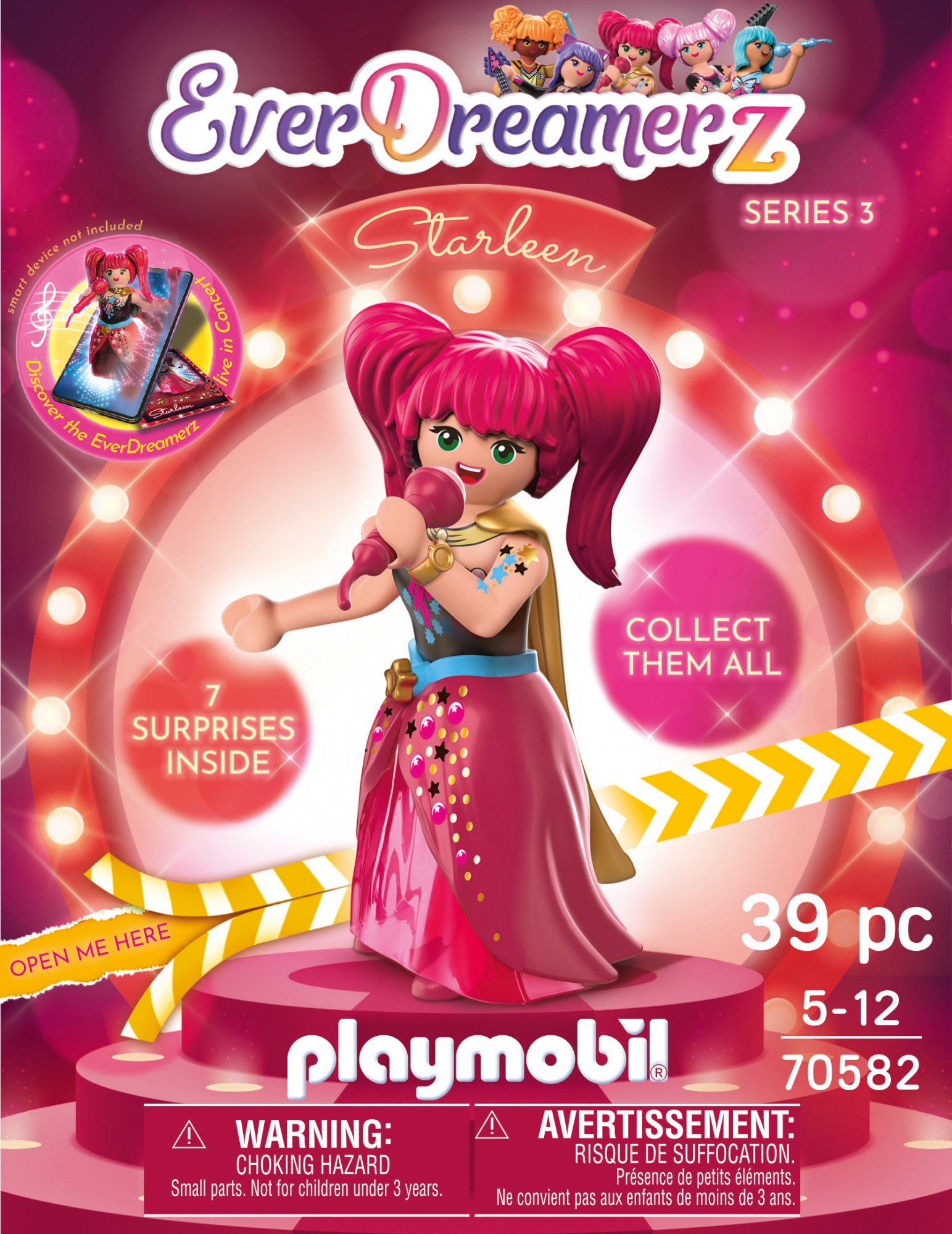 Un set de caja Playmobil con una figura de estrella de pop sosteniendo un micrófono. Se titula EverDreamerZ Starleen y tiene 7 sorpresas.