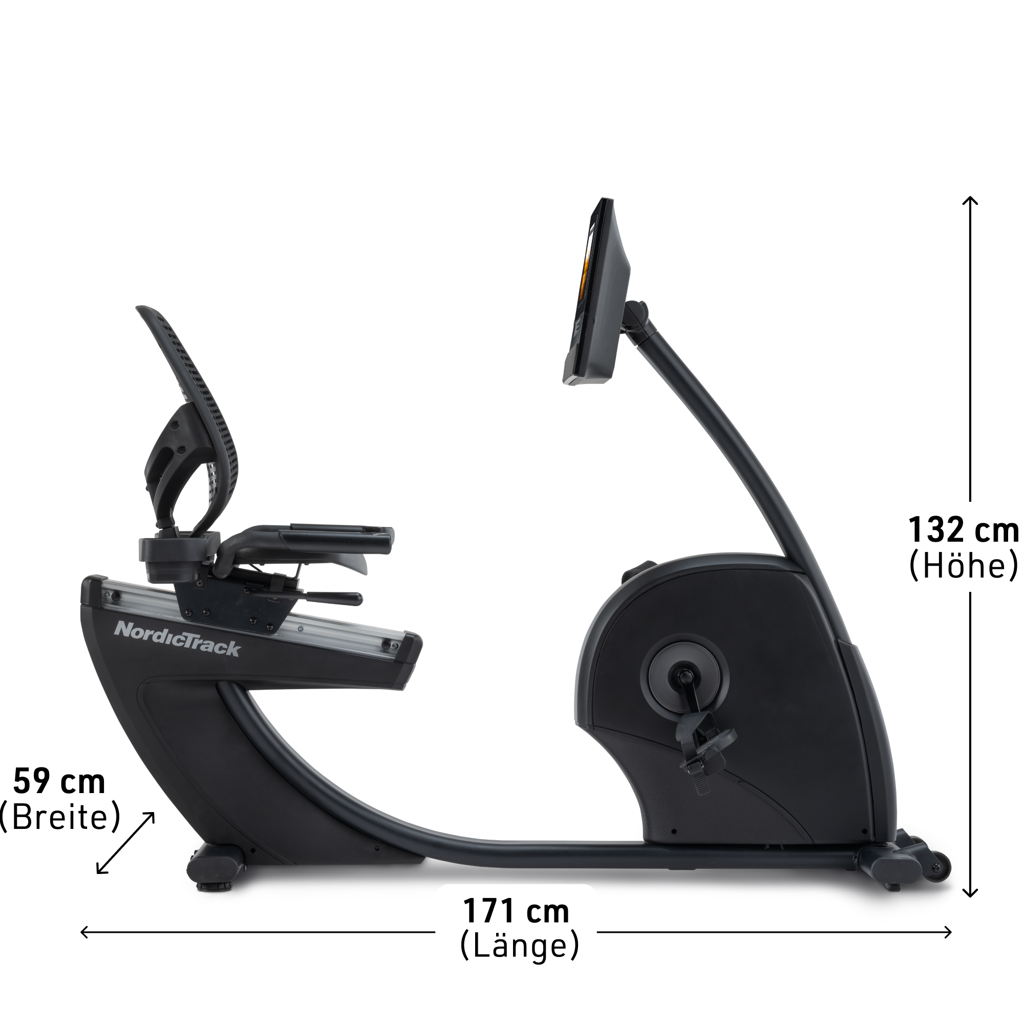 Schwarzes NordicTrack-Heimtrainer mit markierten Abmessungen. Weißer Hintergrund.